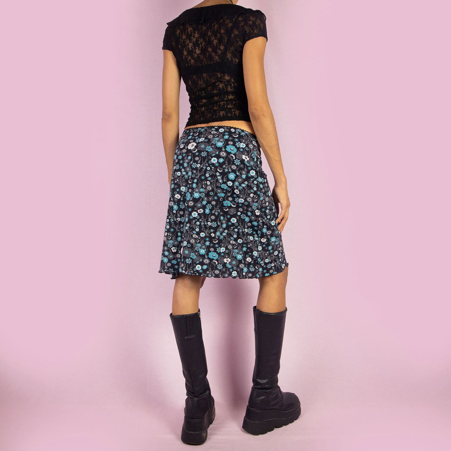 Vintage Y2K Black Floral Mini Skirt - M