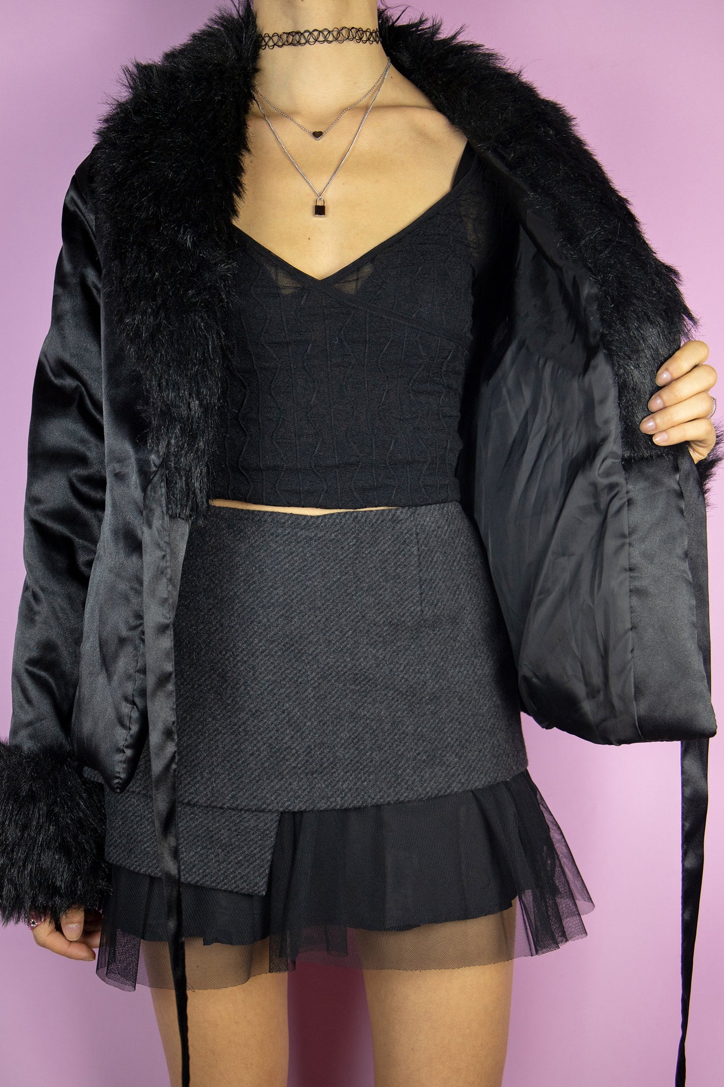 Vintage 90s Black Faux Fur Jacket - M