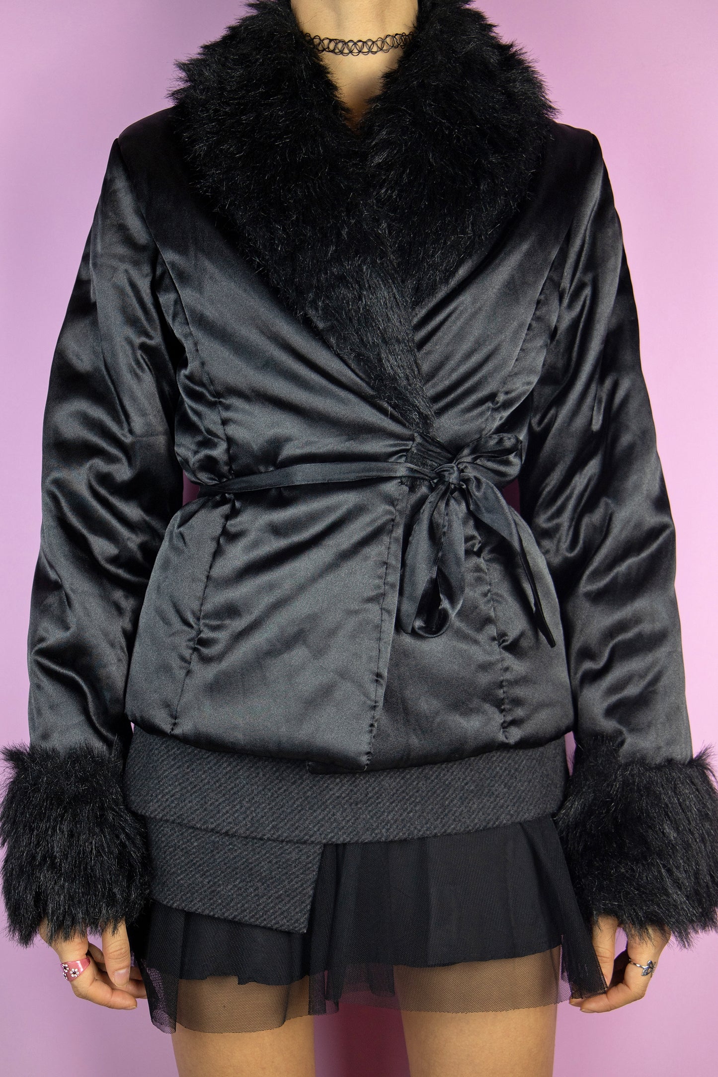 Vintage 90s Black Faux Fur Jacket - M
