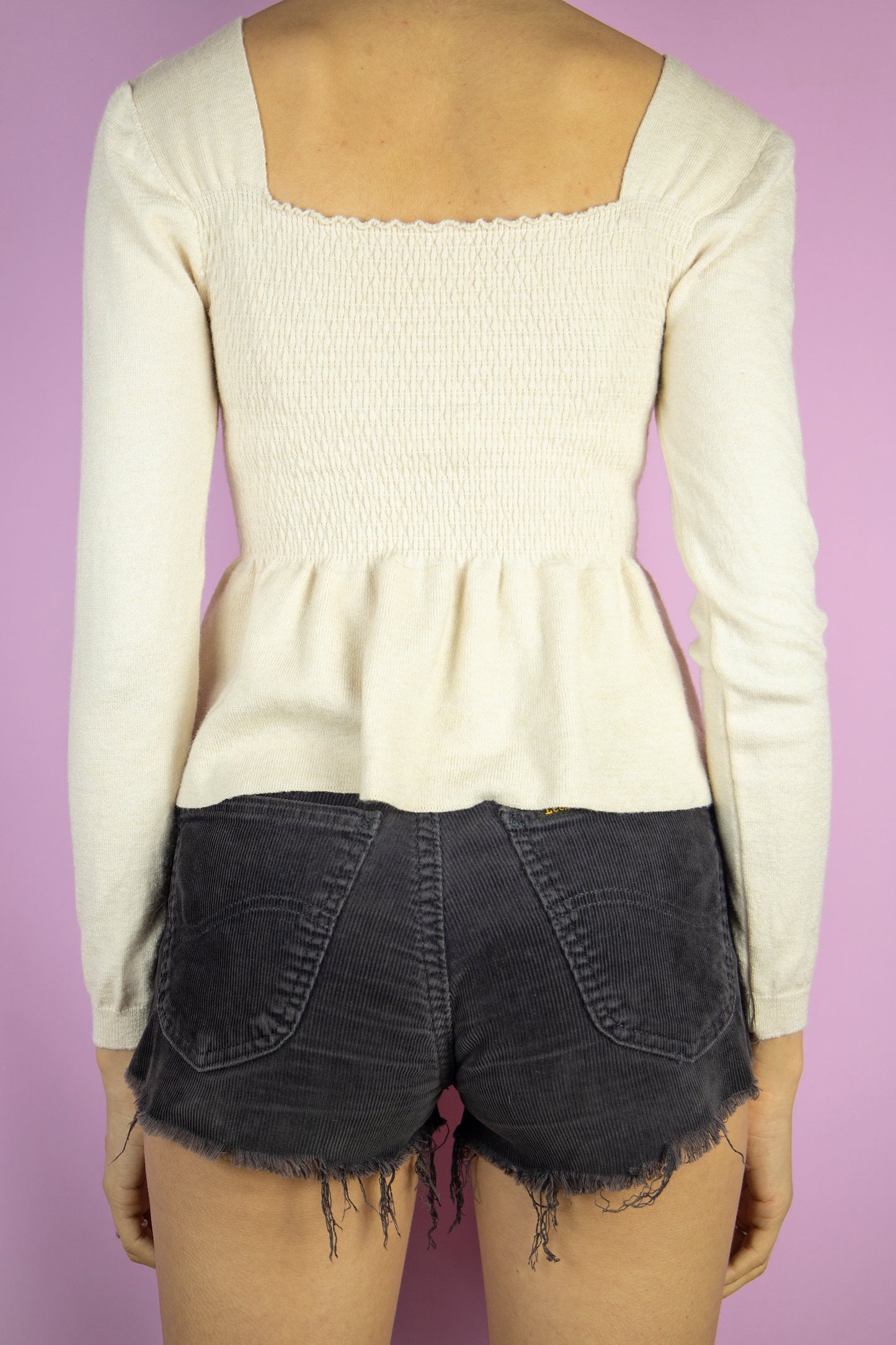 Y2K Beige Shirred Peplum Top - XXS