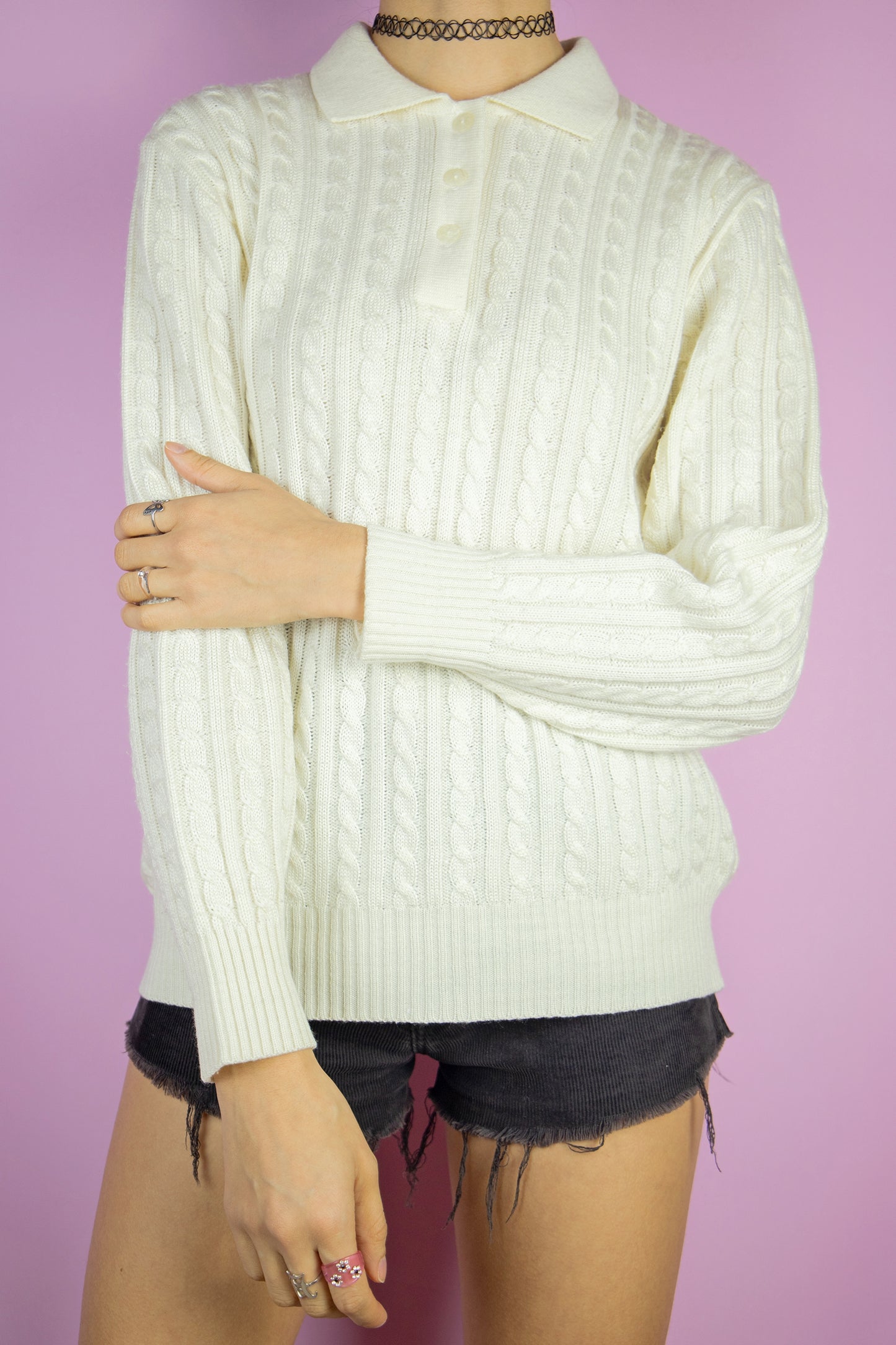 Vintage 90's White Cable Knit Sweater - S/M