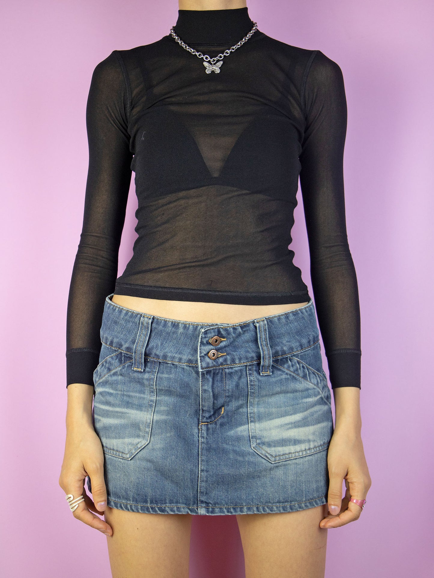 Vintage Y2K Black Mesh Turtleneck Top - XXS