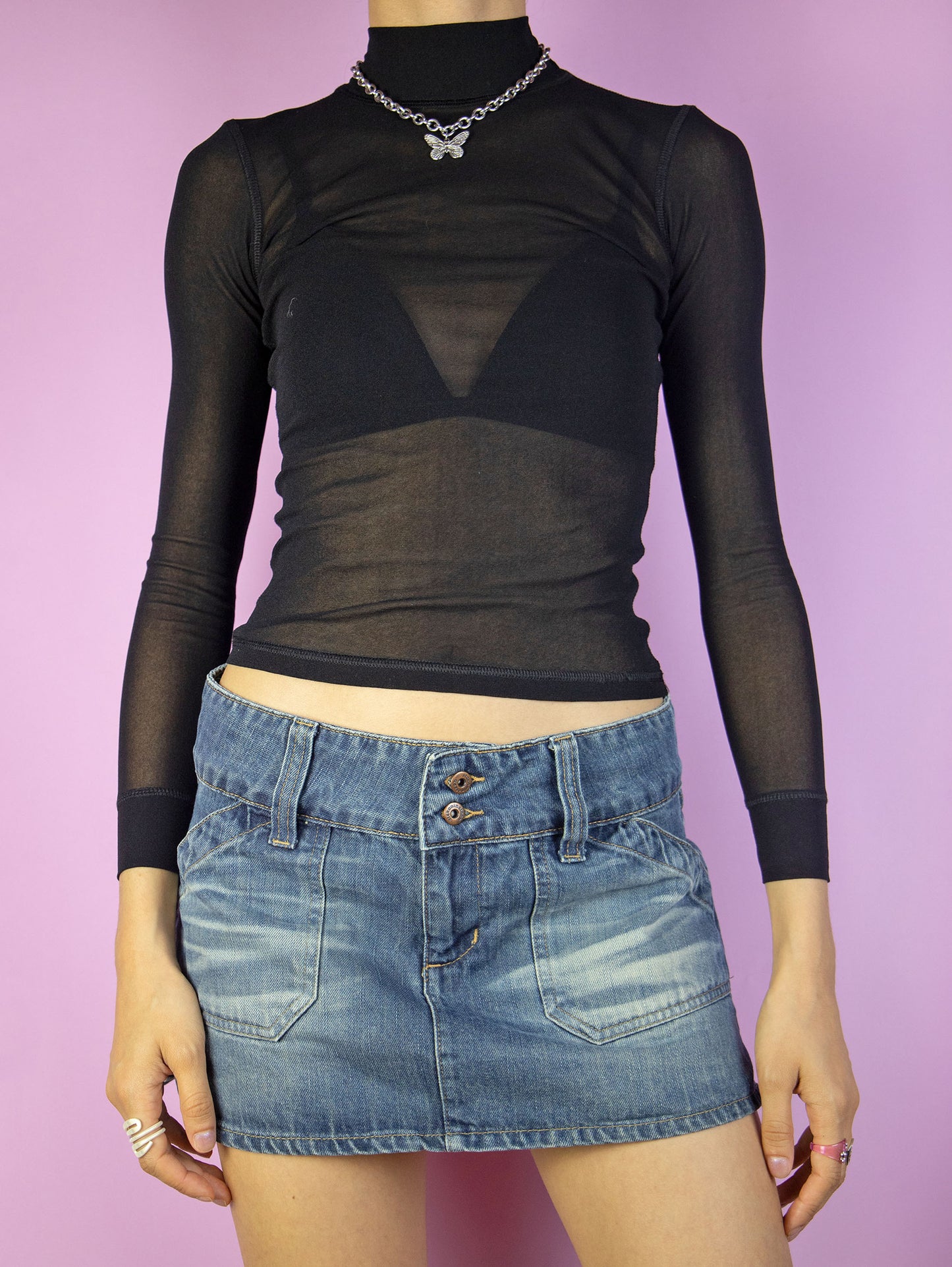 Vintage Y2K Black Mesh Turtleneck Top - XXS