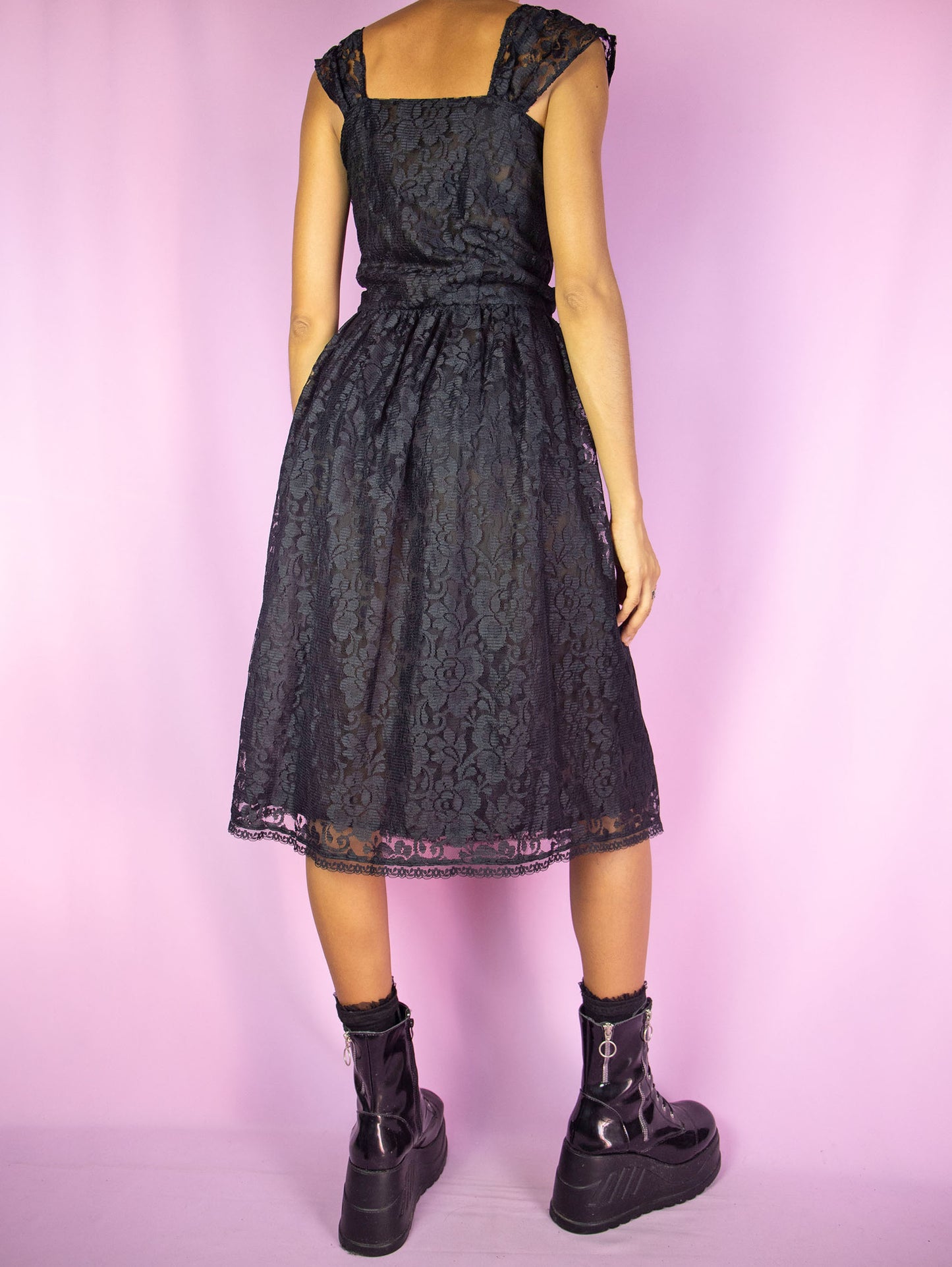 Vintage 90s Black Lace Midi Dress - S