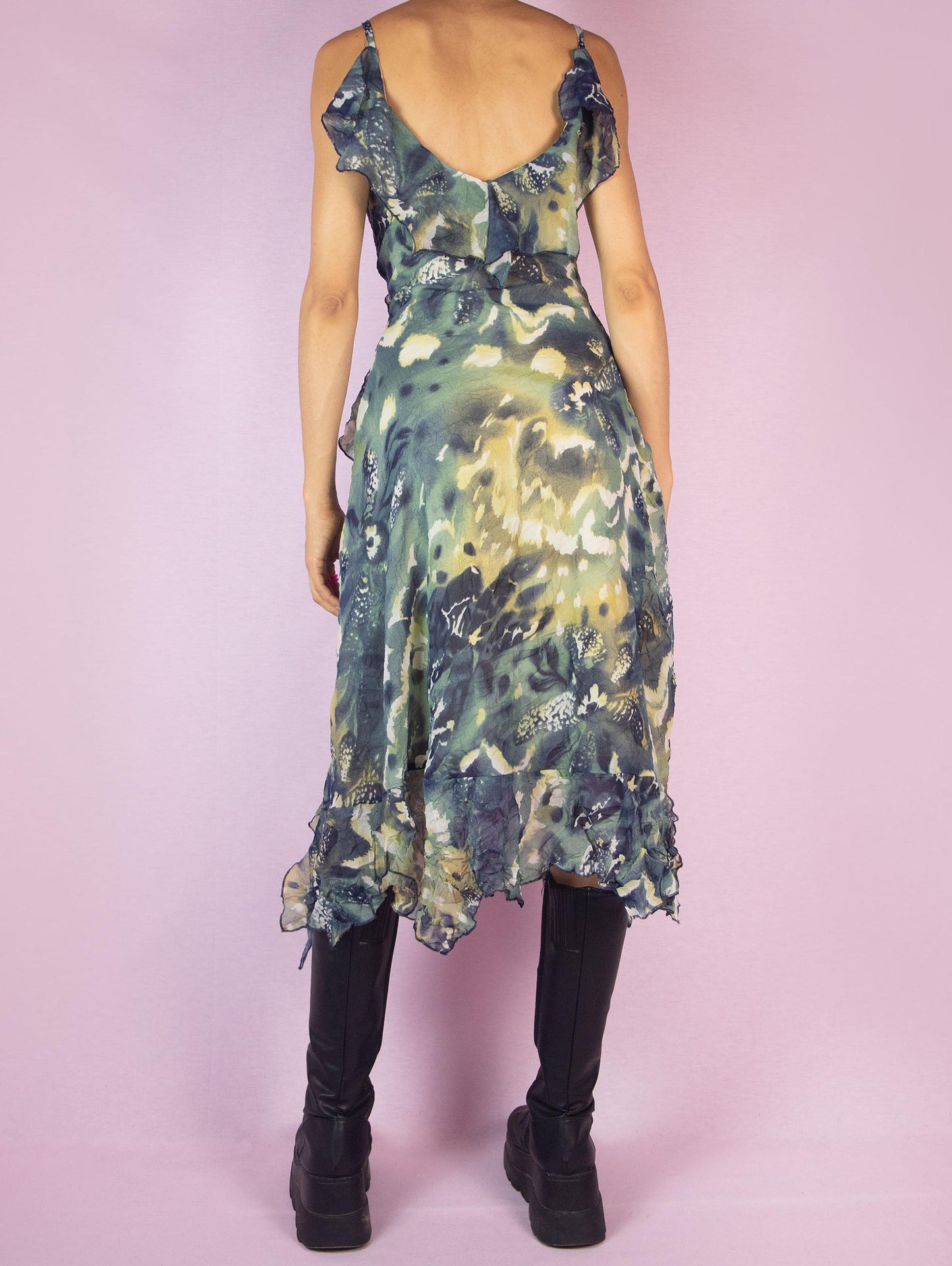 Y2K Asymmetrical Ruffle Midi Dress - M