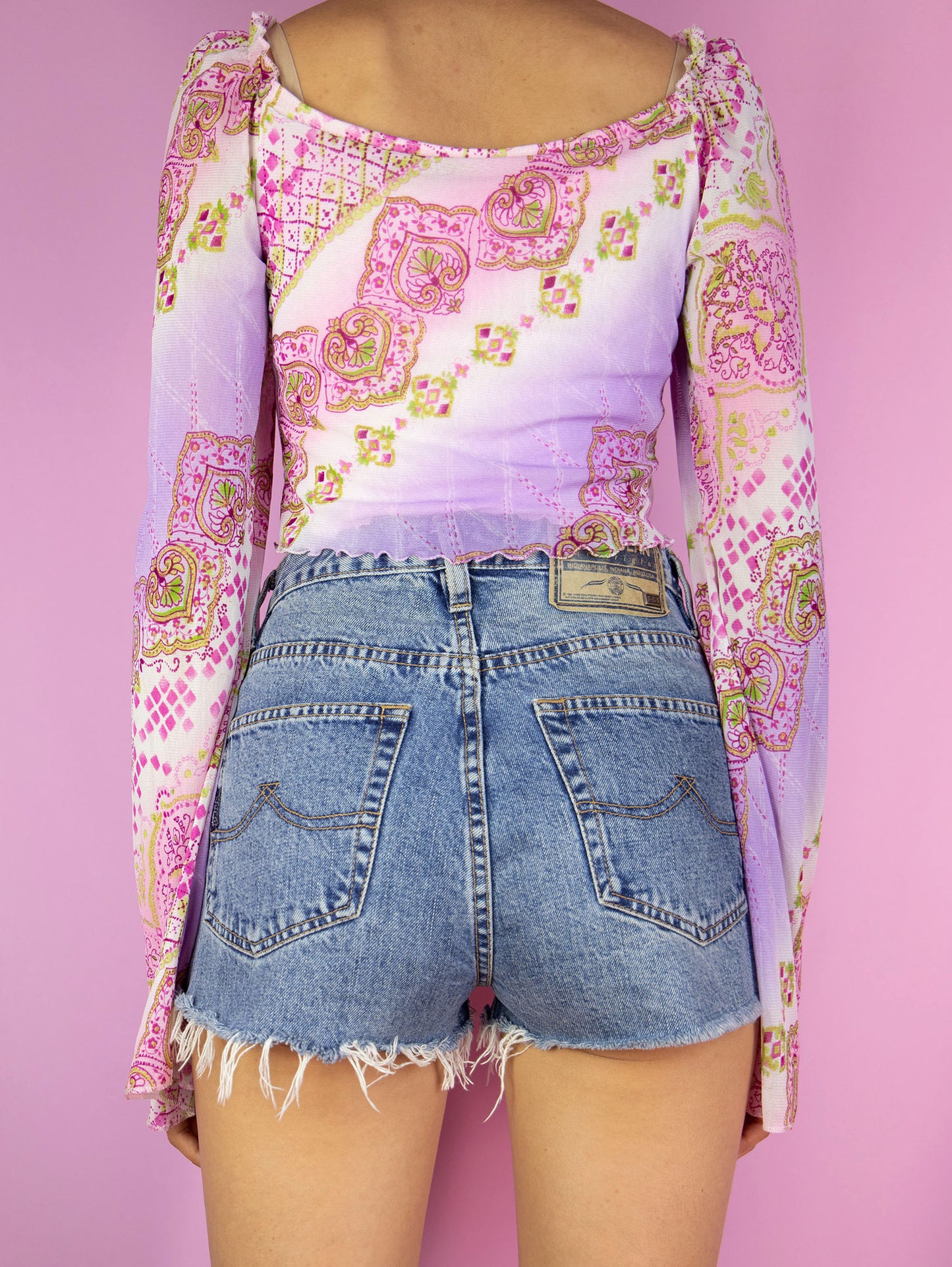 Y2K Pink Graphic Mesh Top - XS