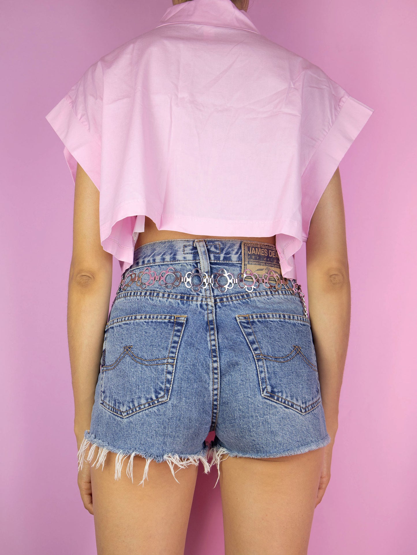 The Y2K Pink Cropped Shirt is a vintage sleeveless pastel light pink crop top with pleats, pockets, a collar, and buttons. Cyber preppy 2000s summer blouse.