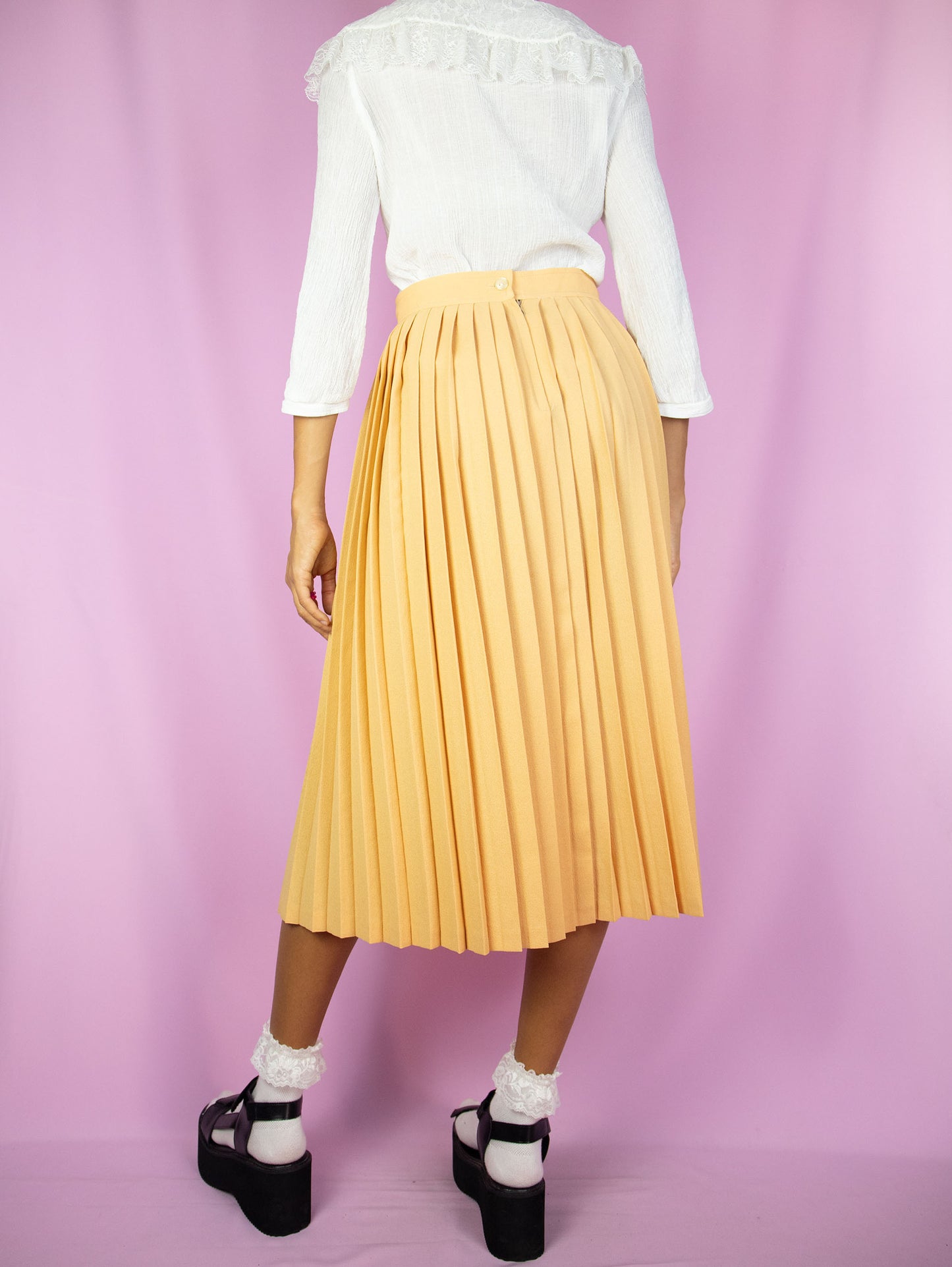 Vintage 80s Orange Pleated Midi Skirt - S