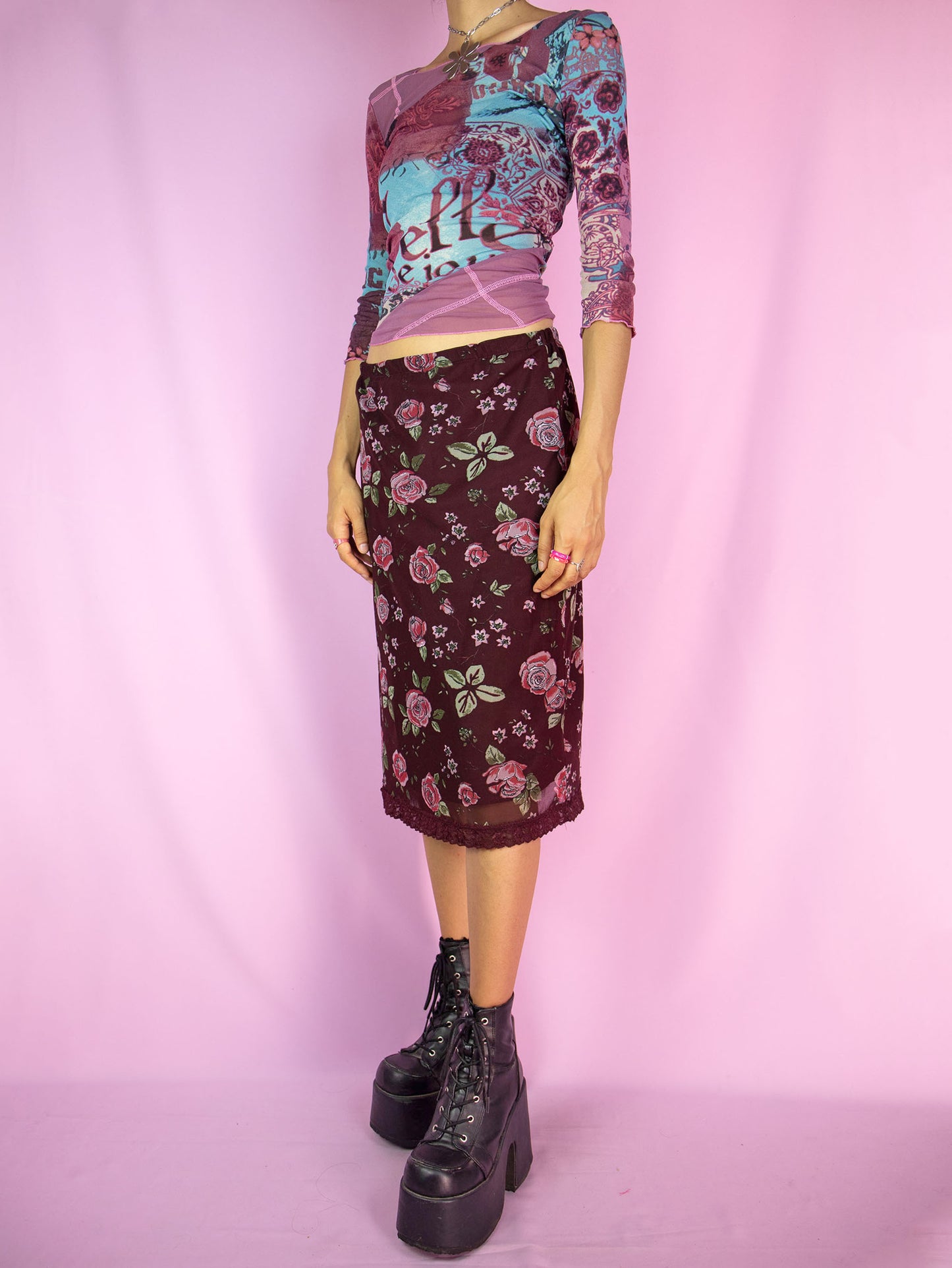 Y2K Floral Mesh Midi Skirt - M/L