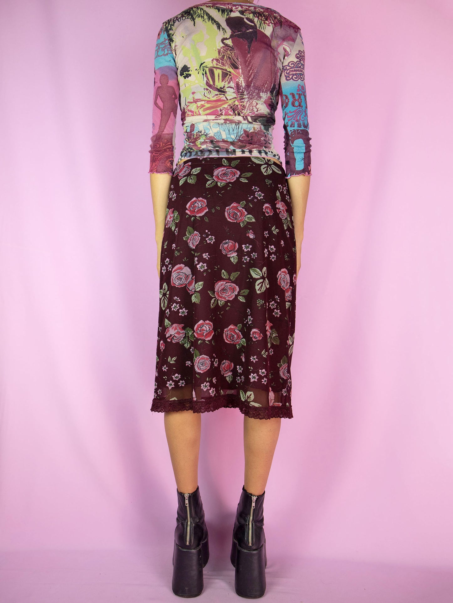 Y2K Floral Mesh Midi Skirt - M/L