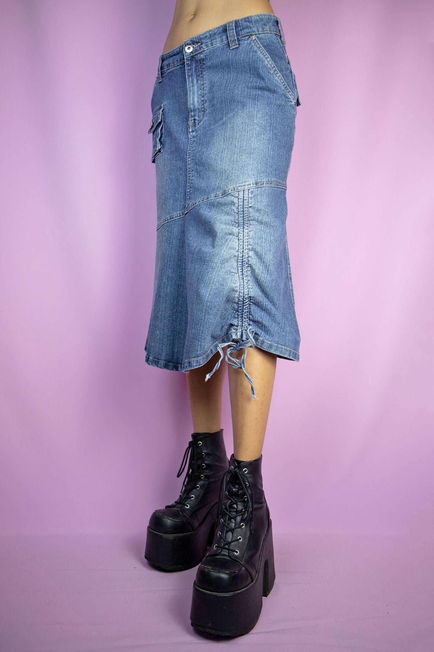 Y2K Asymmetric Denim Midi Skirt - L