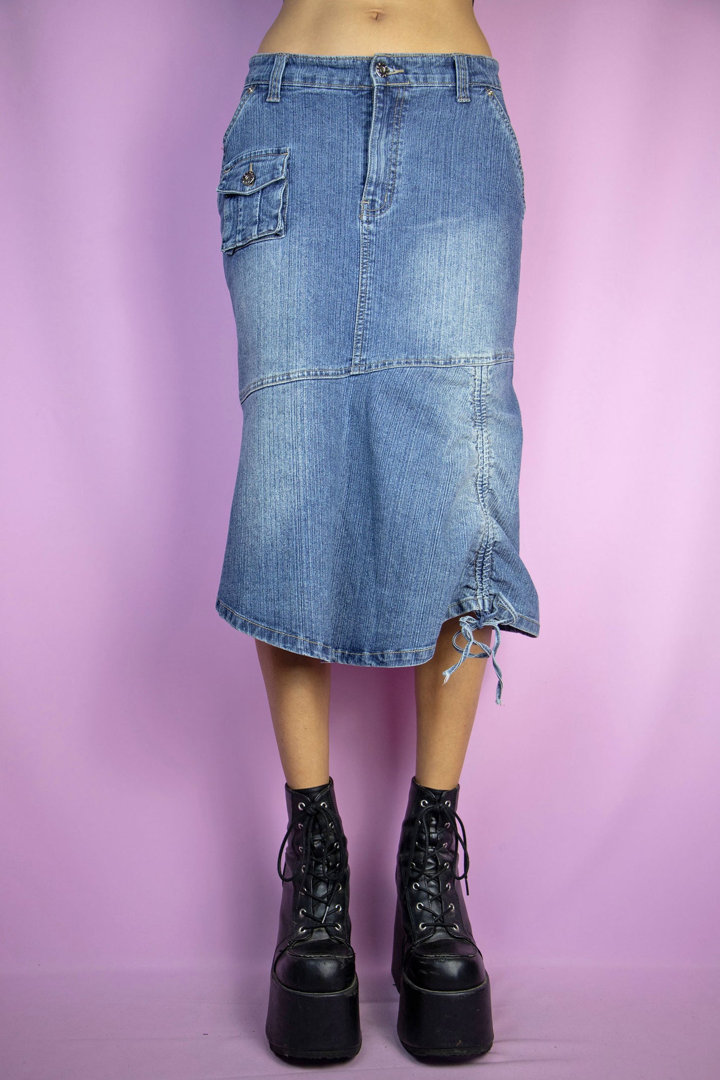 Y2K Asymmetric Denim Midi Skirt - L