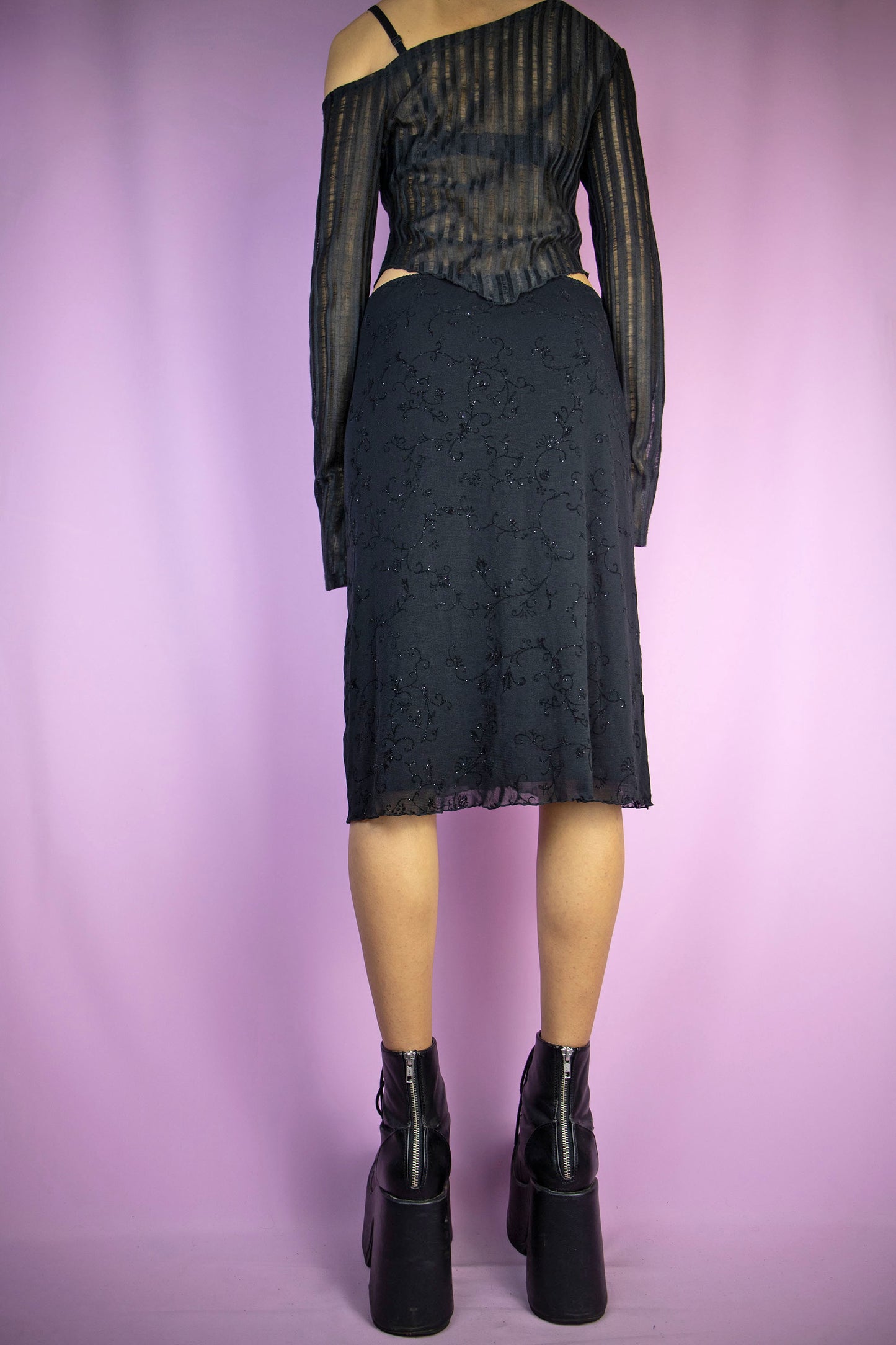 Y2K Black Floral Mesh Skirt - M/L