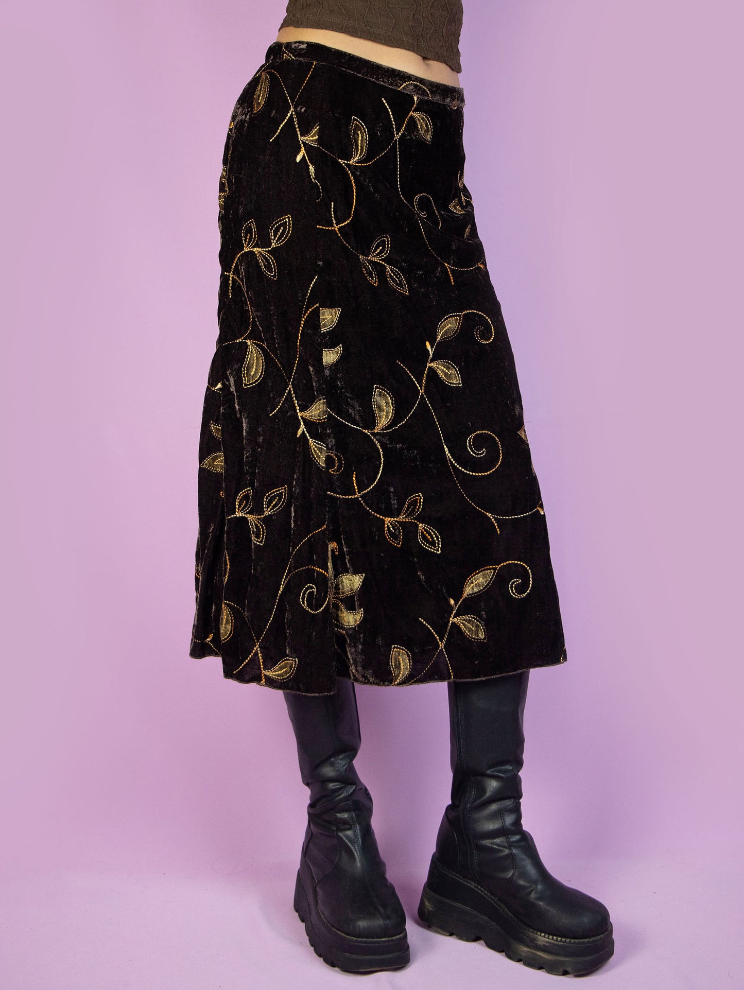 Vintage 90s Brown Velvet Midi Skirt - XL