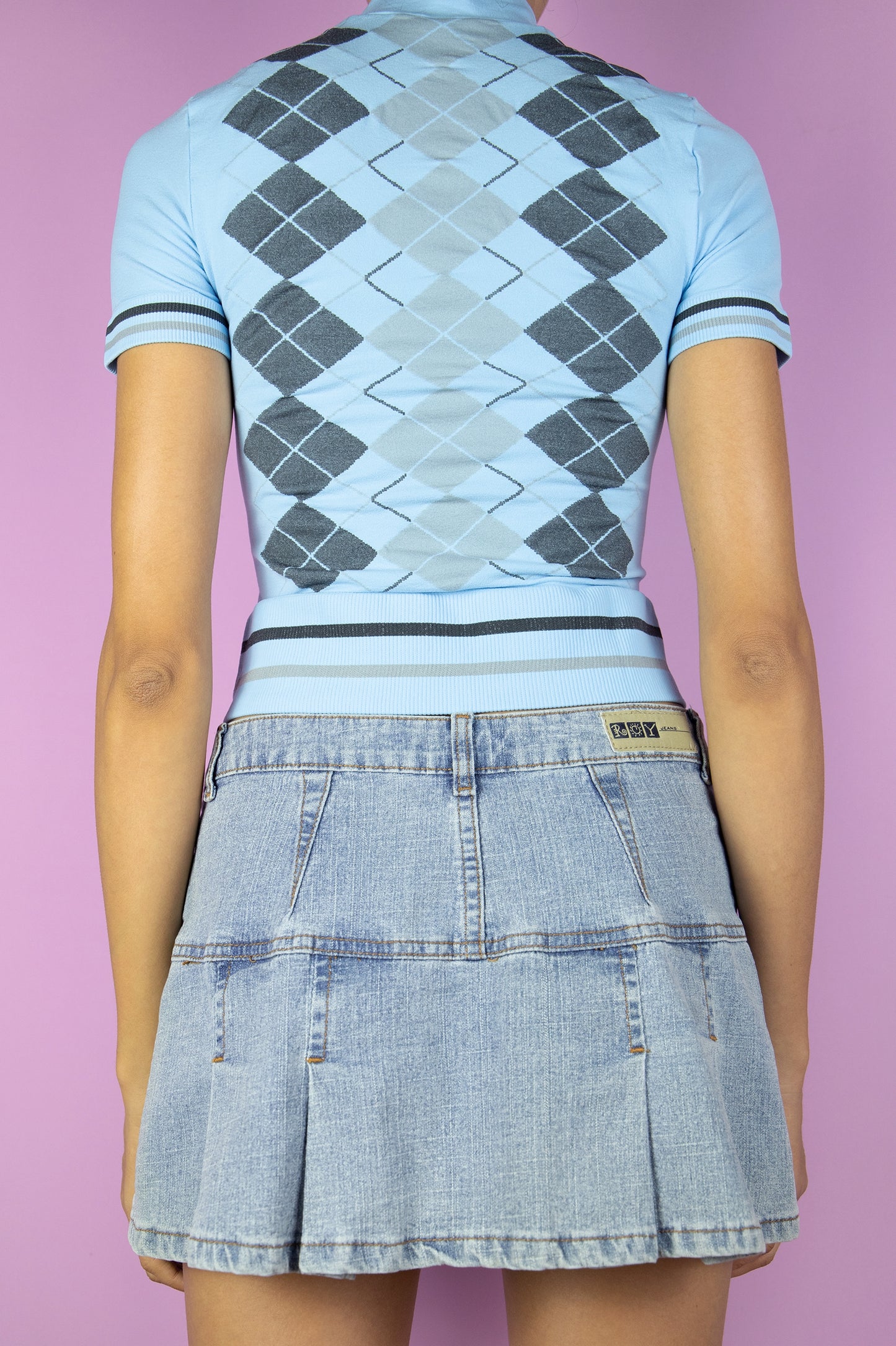 Vintage Y2K Blue Argyle Turtleneck Top - XS/S/M