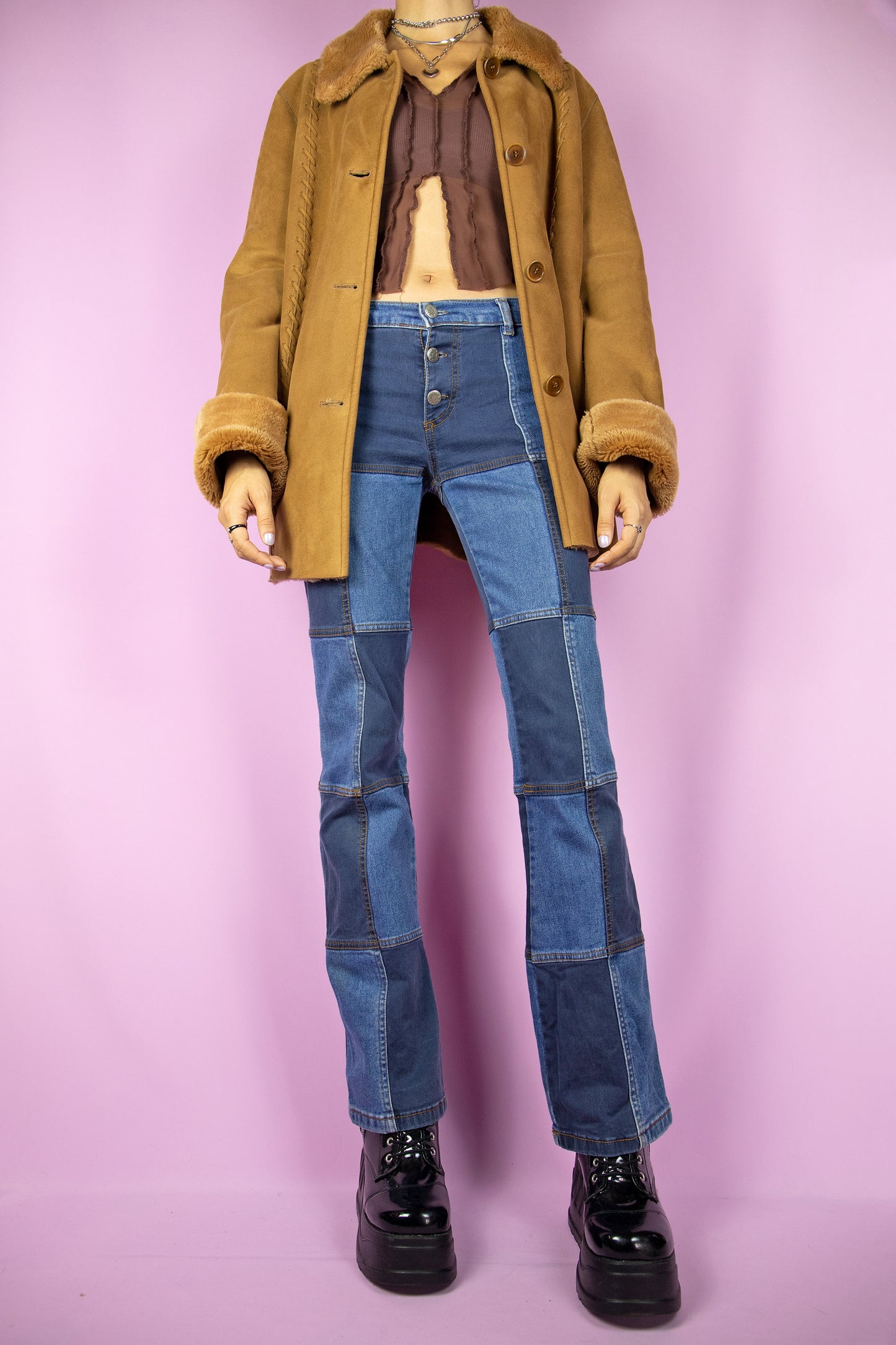 Vintage 90's Brown Faux Suede Fur Jacket - L