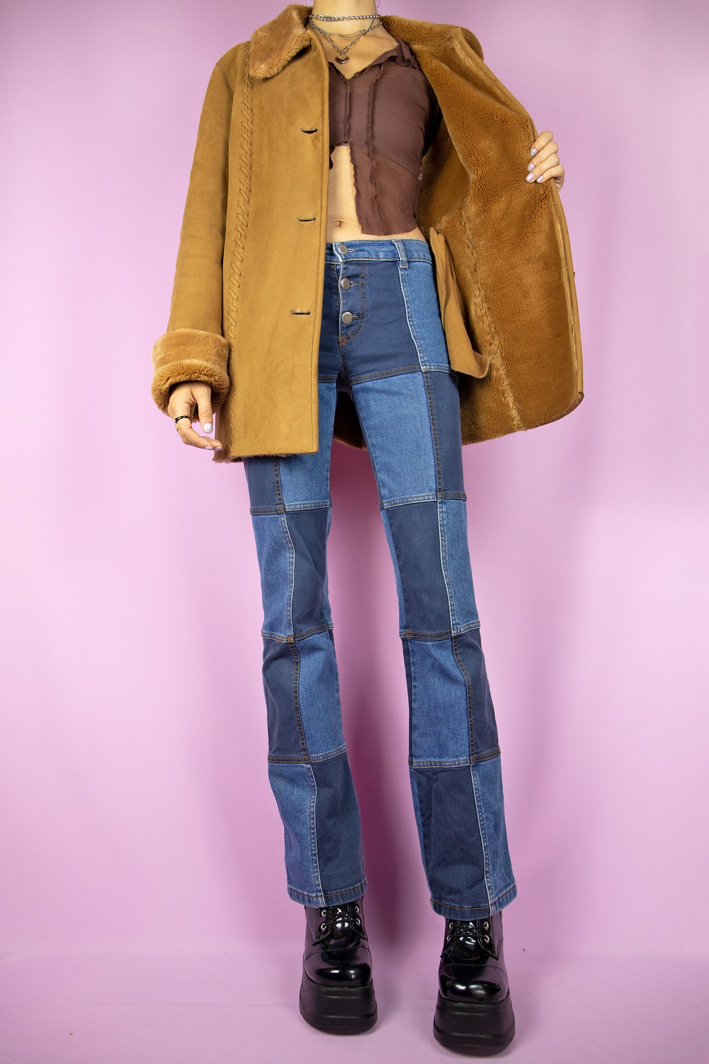 Vintage 90's Brown Faux Suede Fur Jacket - L