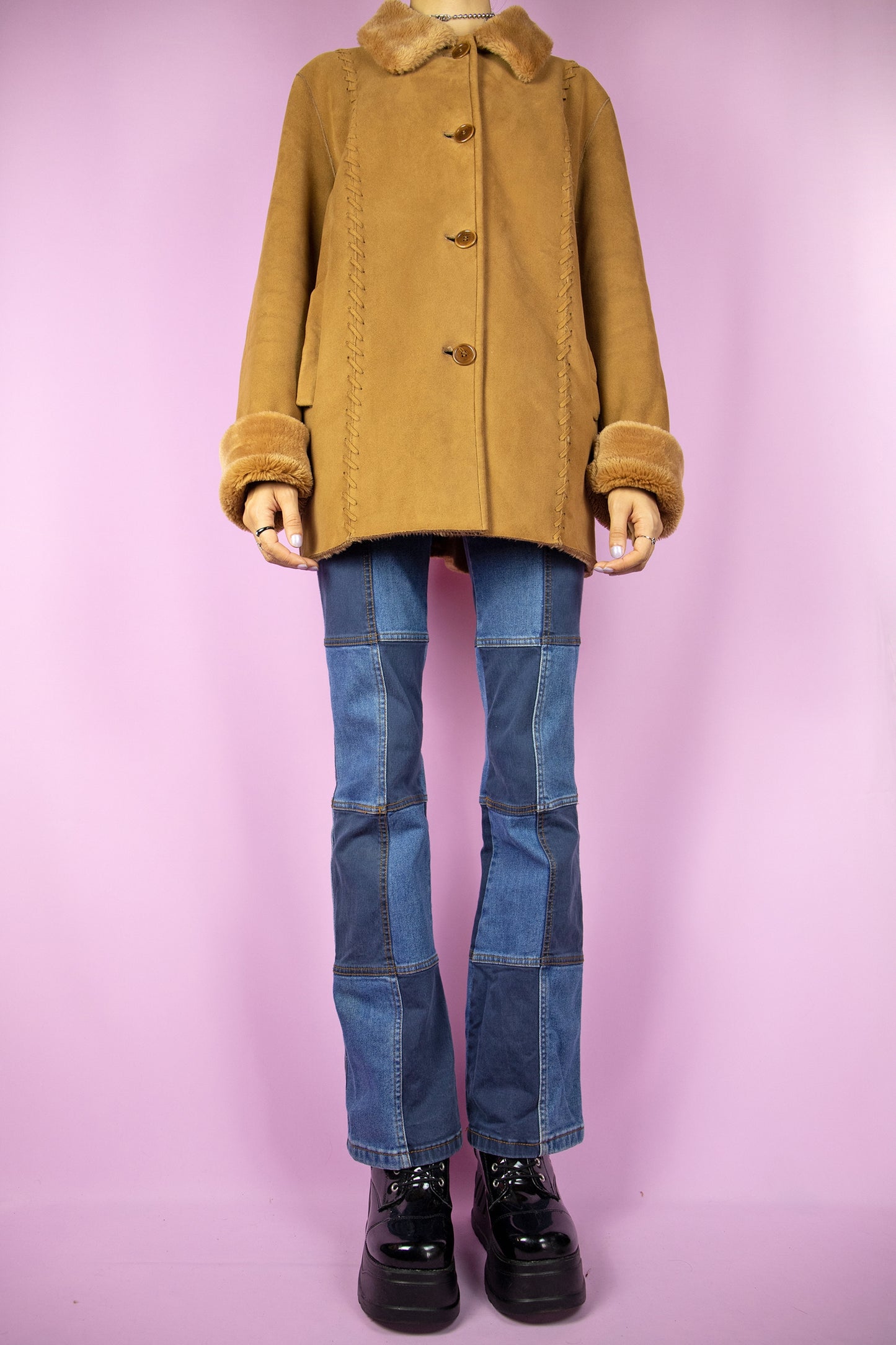 Vintage 90's Brown Faux Suede Fur Jacket - L