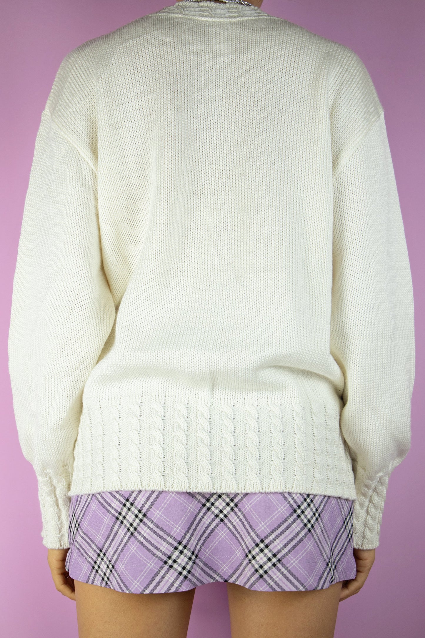 Vintage 90s White Preppy Knit Cardigan - XL