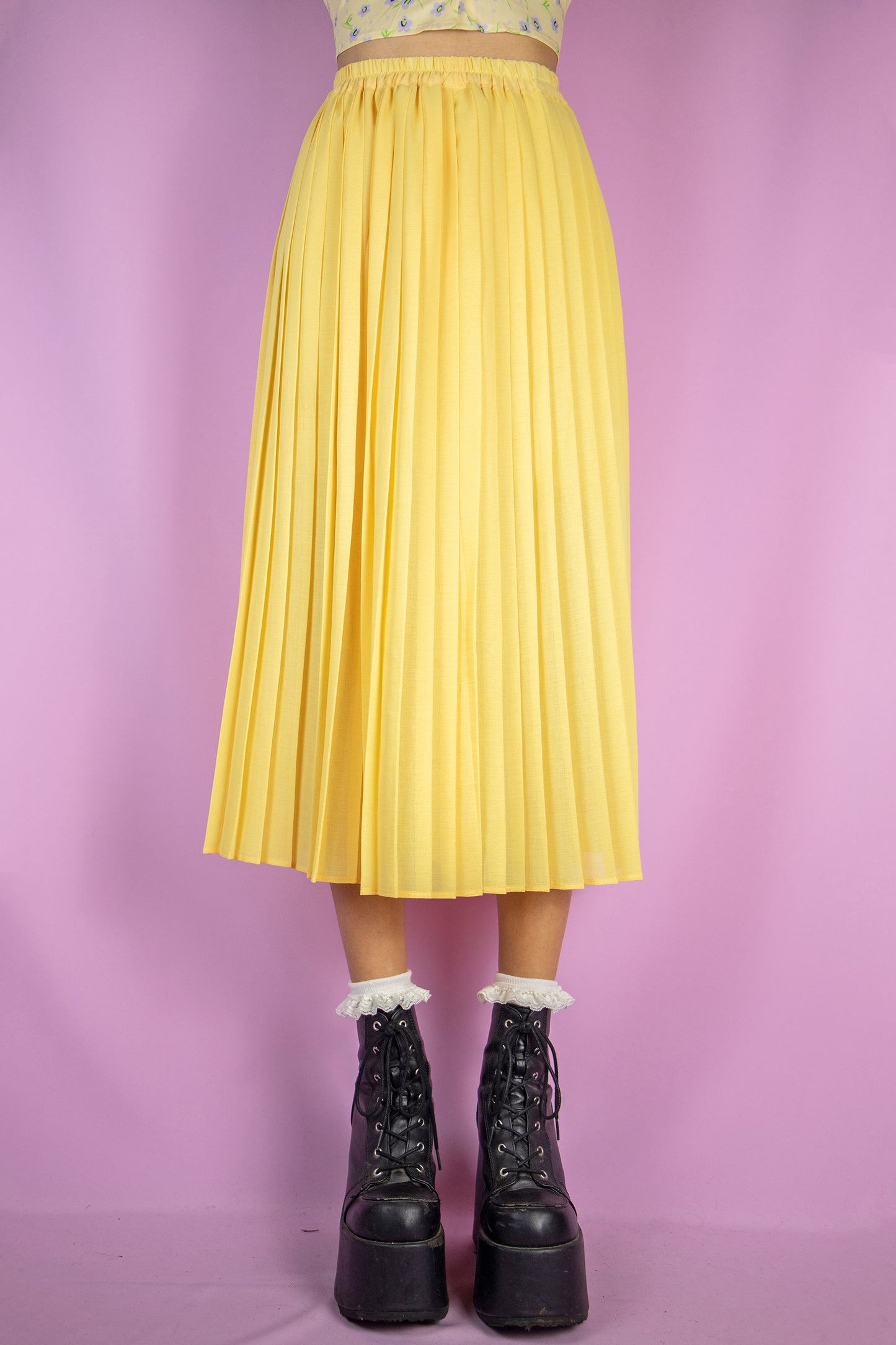 Vintage 90s Yellow Pleated Midi Skirt - XXS/XS