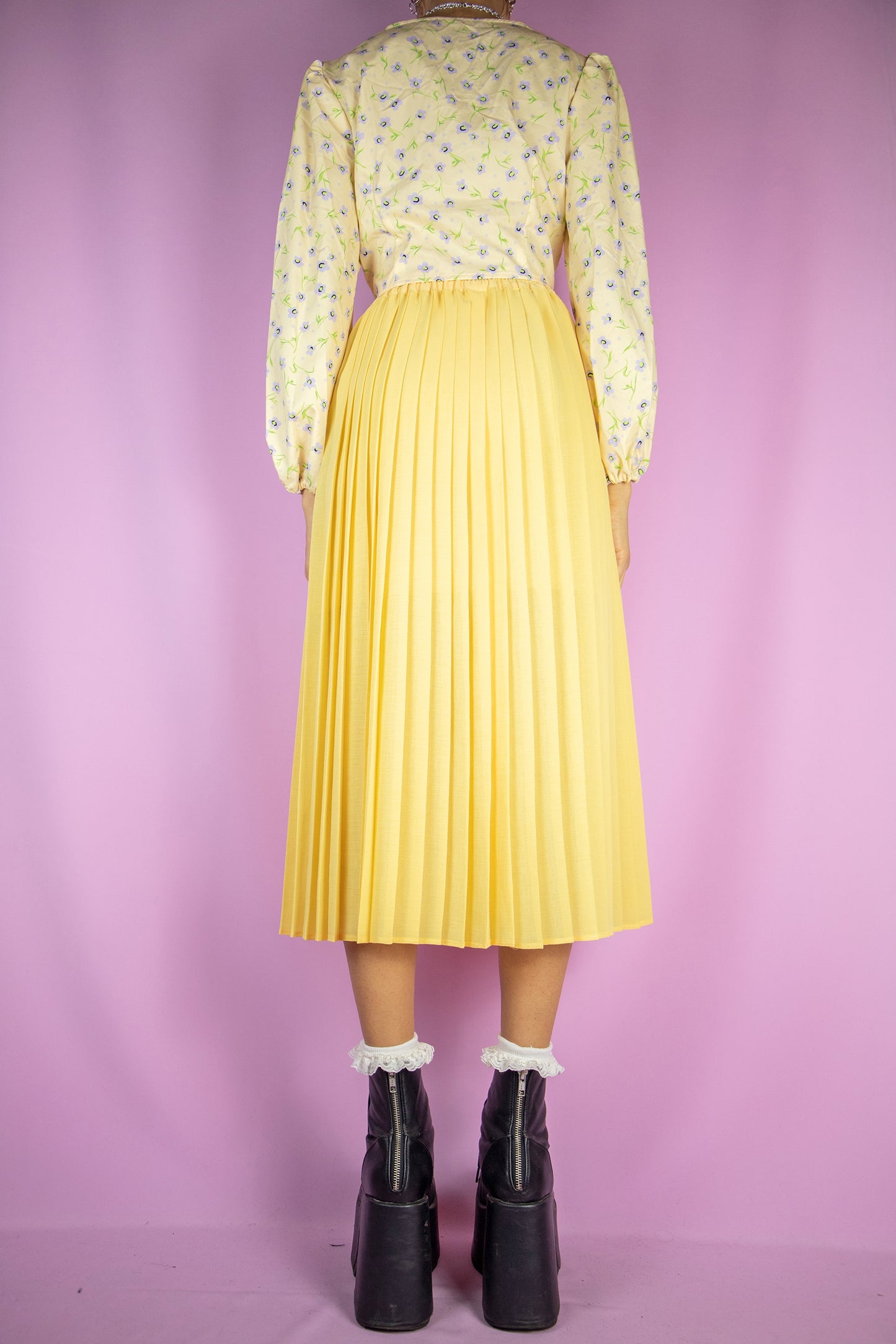 Vintage 90s Yellow Pleated Midi Skirt - XXS/XS