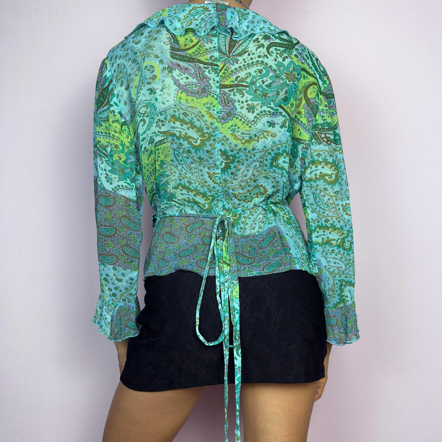 Vintage Y2K Ruffle Wrap Tie Blouse – Size L