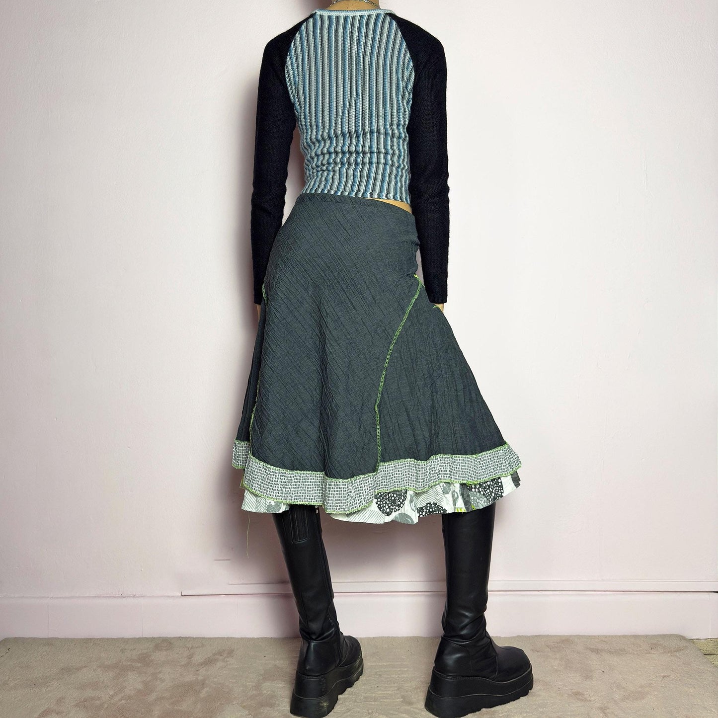 Vintage Y2K Gray Patchwork Midi Skirt – Size M