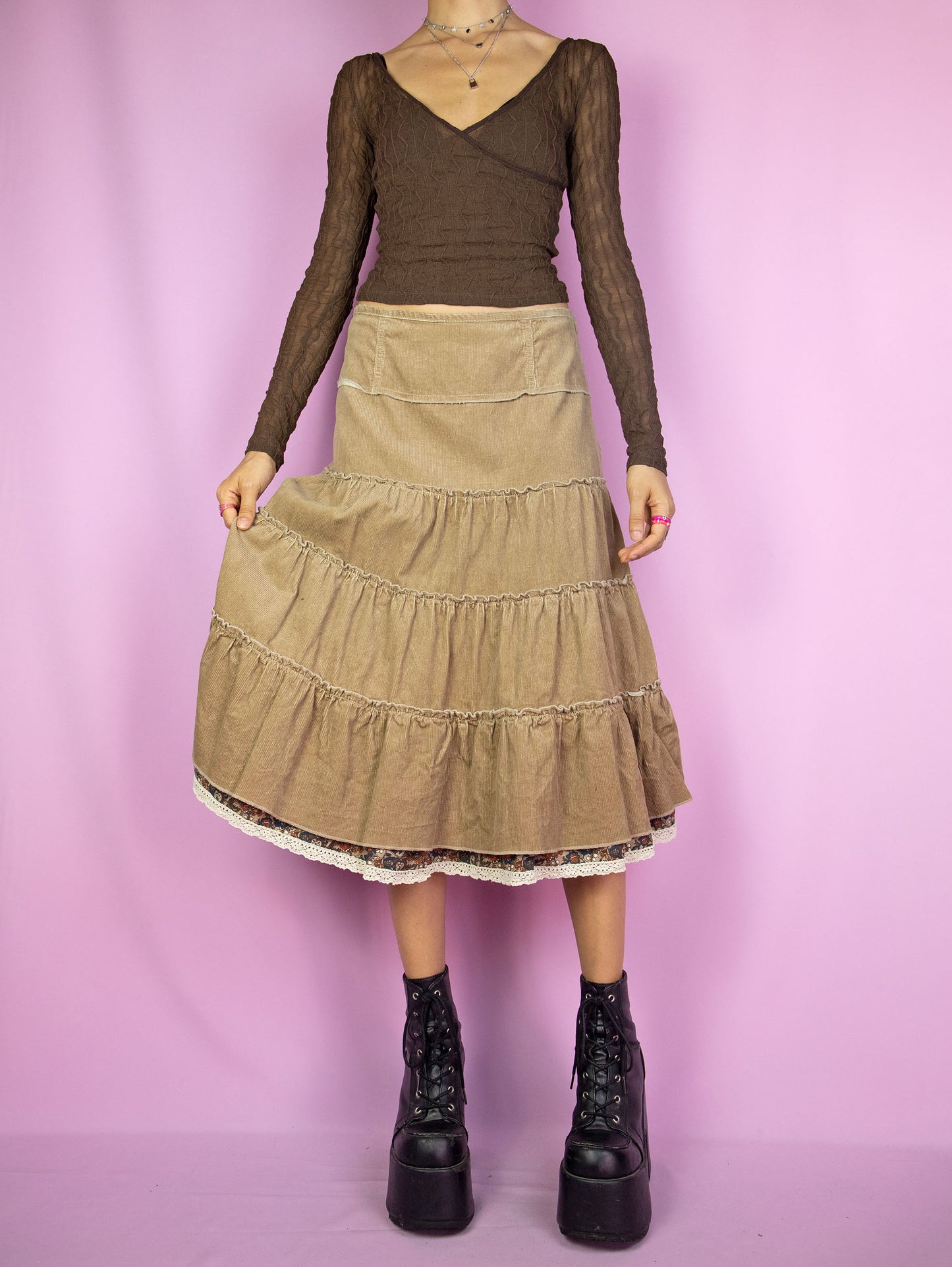 Vintage Y2K Brown Corduroy Tiered Skirt - M/L