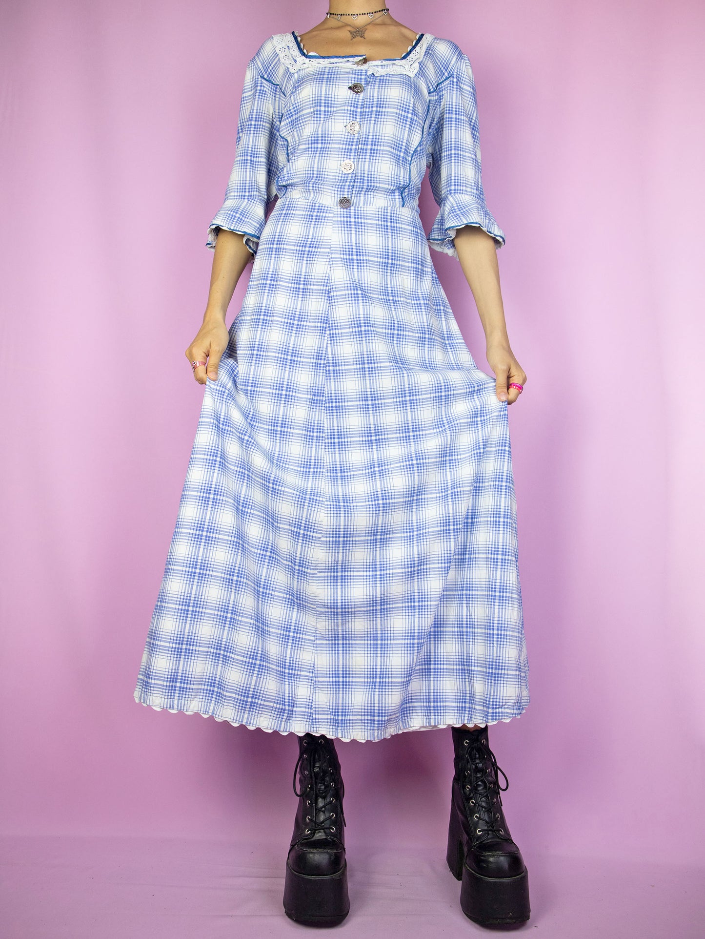 Vintage 80's Blue Plaid Maxi Dress - L