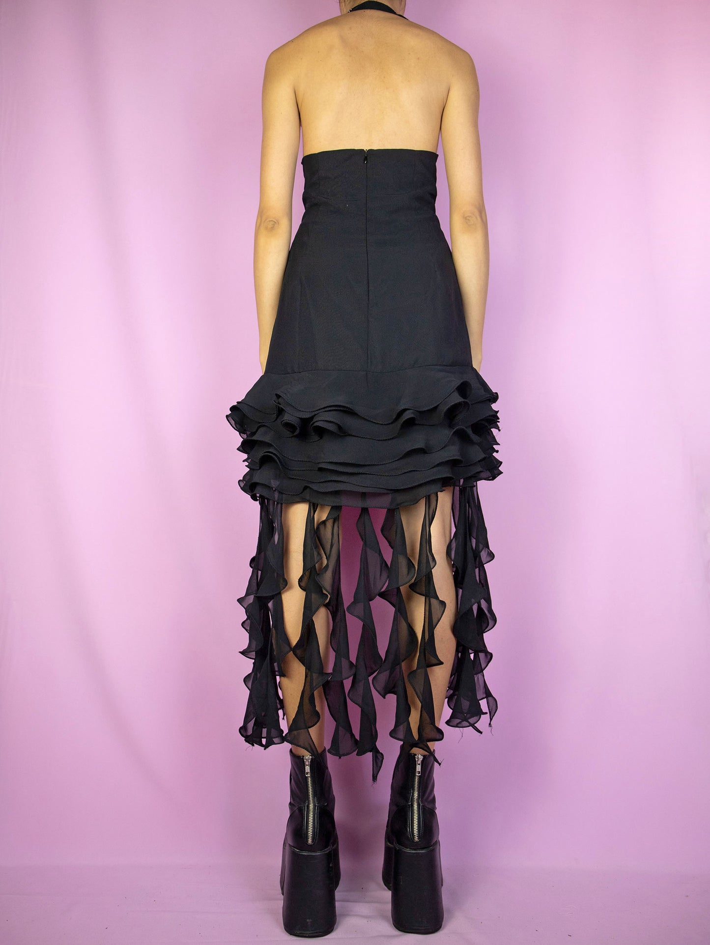 Vintage 90s Black Asymmetric Ruffle Dress - S