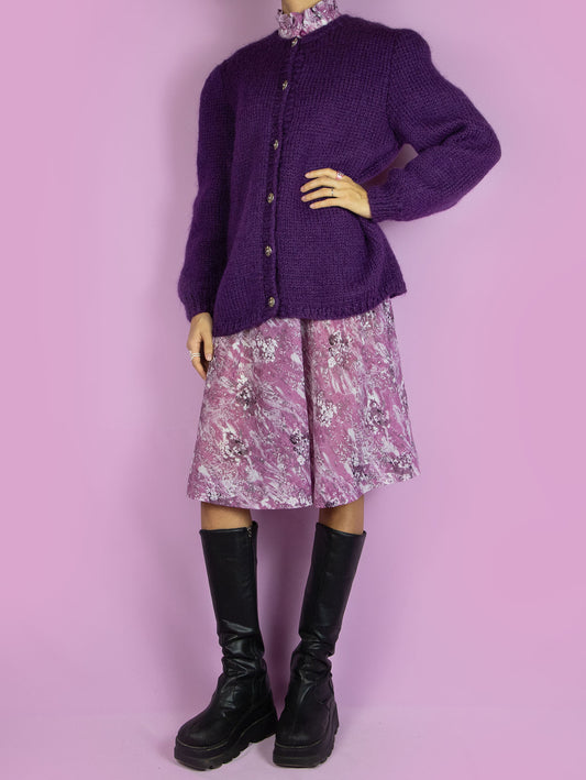 The Vintage 90s Dark Purple Knit Cardigan is a chunky knit purple cardigan with buttons. Boho retro 1990s winter knitted sweater.