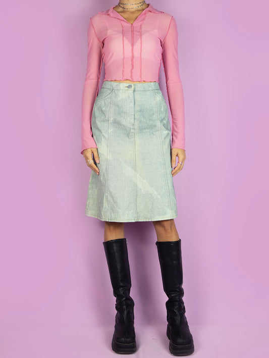 The Y2K Subversive Bleached Denim Skirt is a vintage paneled tie-dye skirt with pockets and a front zipper closure. Cyber grunge 2000s midi skirt.