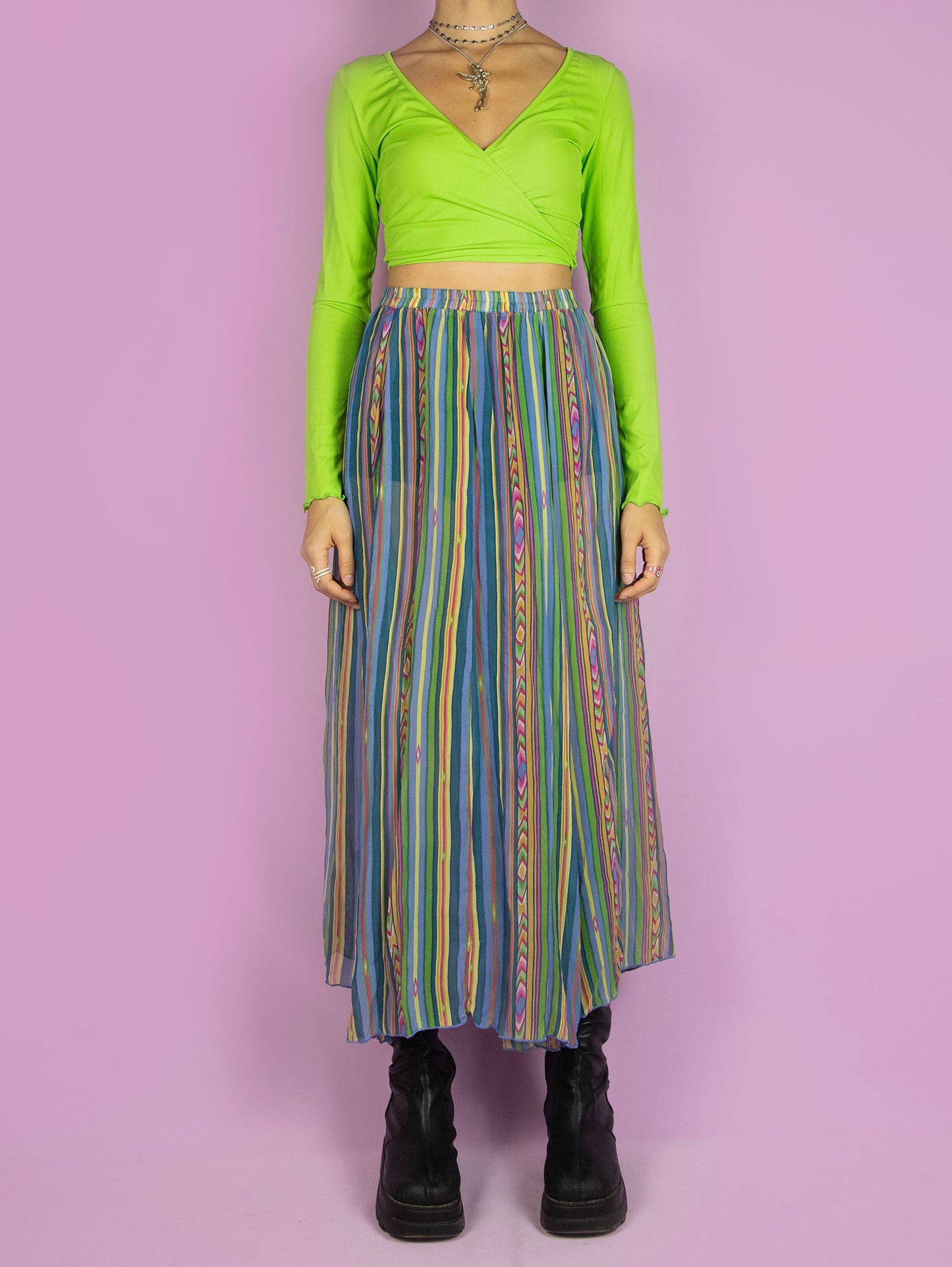 The Vintage 90s Boho Sheer Midi Skirt is a semi-transparent multicolored striped silk skirt with an elastic waistband. Summer beach 1990s flowy cover-up maxi skirt.