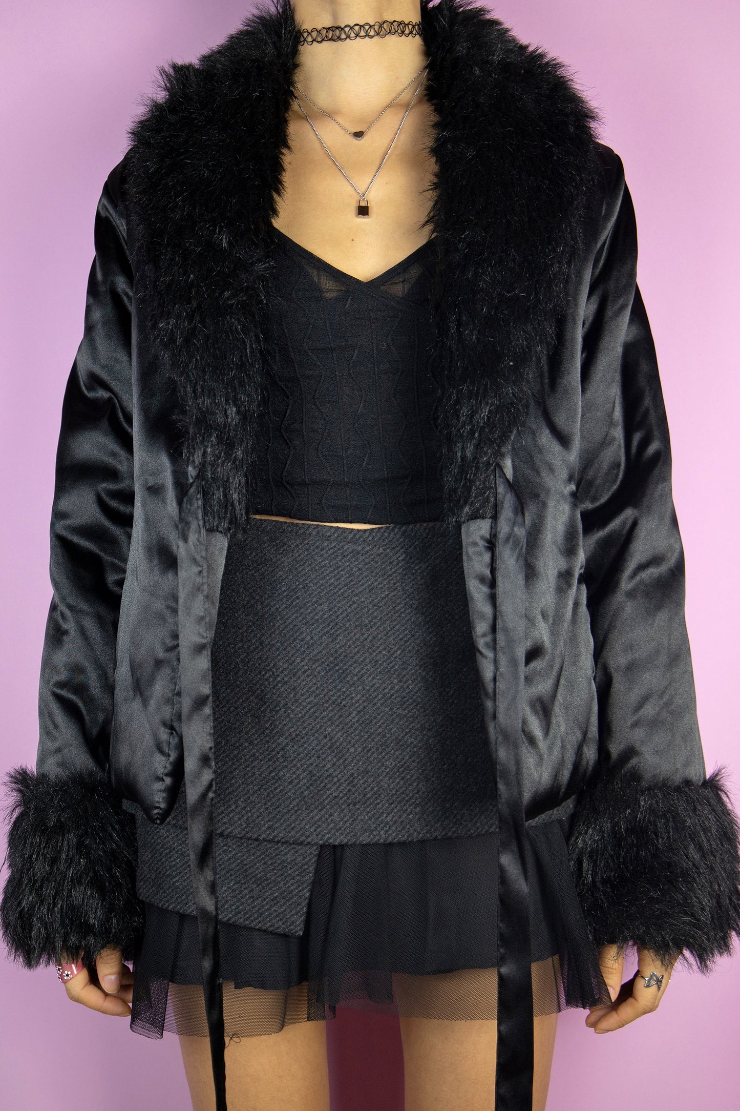 Vintage 90s Black Faux Fur Jacket - M