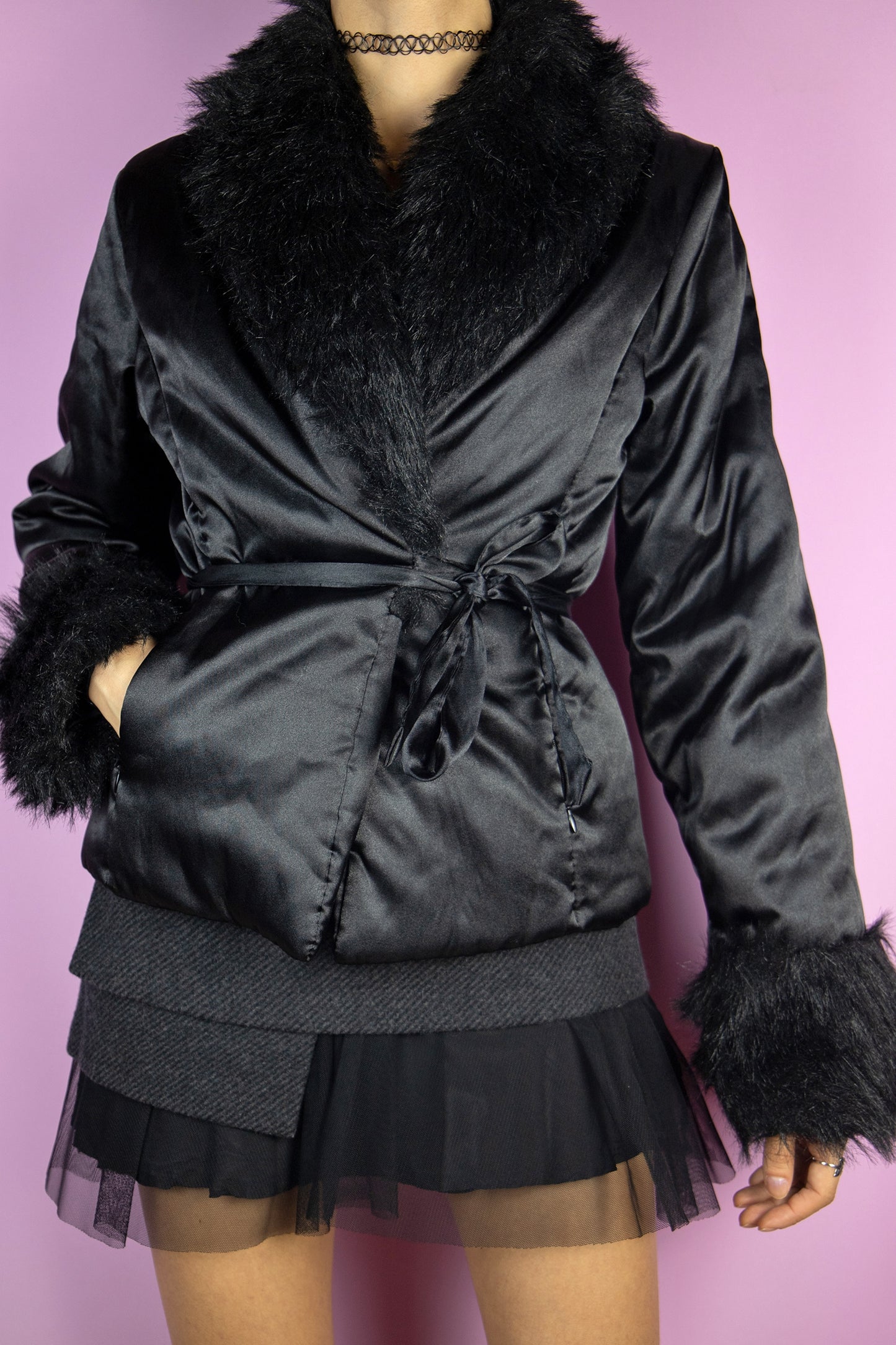 Vintage 90s Black Faux Fur Jacket - M