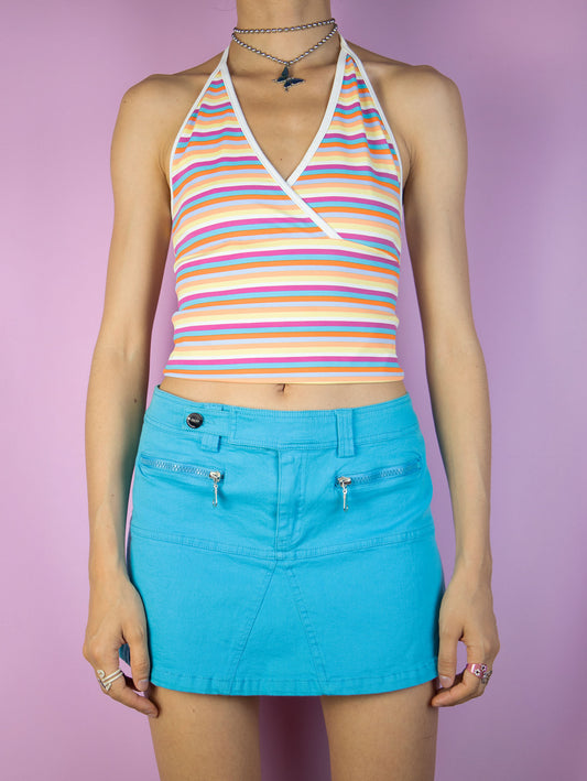 The Y2K Blue Low Rise Mini Skirt is a vintage low waisted blue elasticated skirt. Cyber grunge 2000s summer mini skirt.