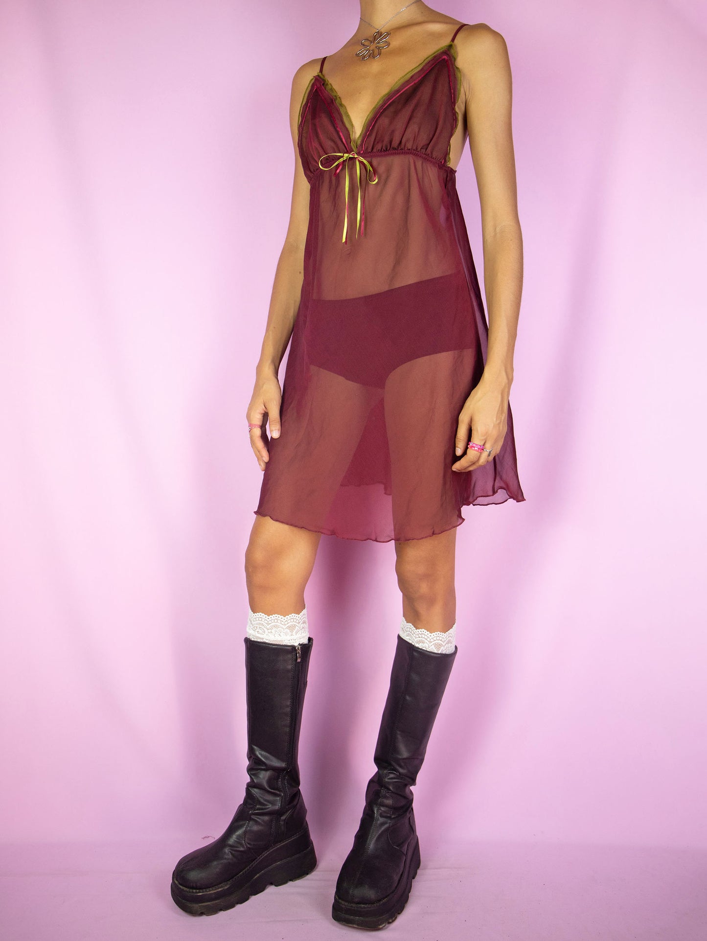 The Vintage 90s Maroon Sheer Slip Dress is a semi-sheer burgundy maroon red cami mini dress with adjustable straps. Romantic sexy 1990s lingerie night dress.