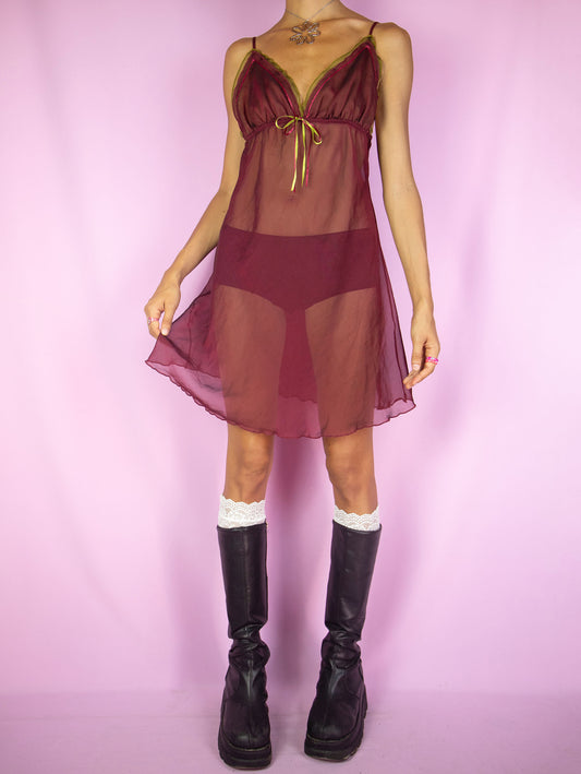 The Vintage 90s Maroon Sheer Slip Dress is a semi-sheer burgundy maroon red cami mini dress with adjustable straps. Romantic sexy 1990s lingerie night dress.
