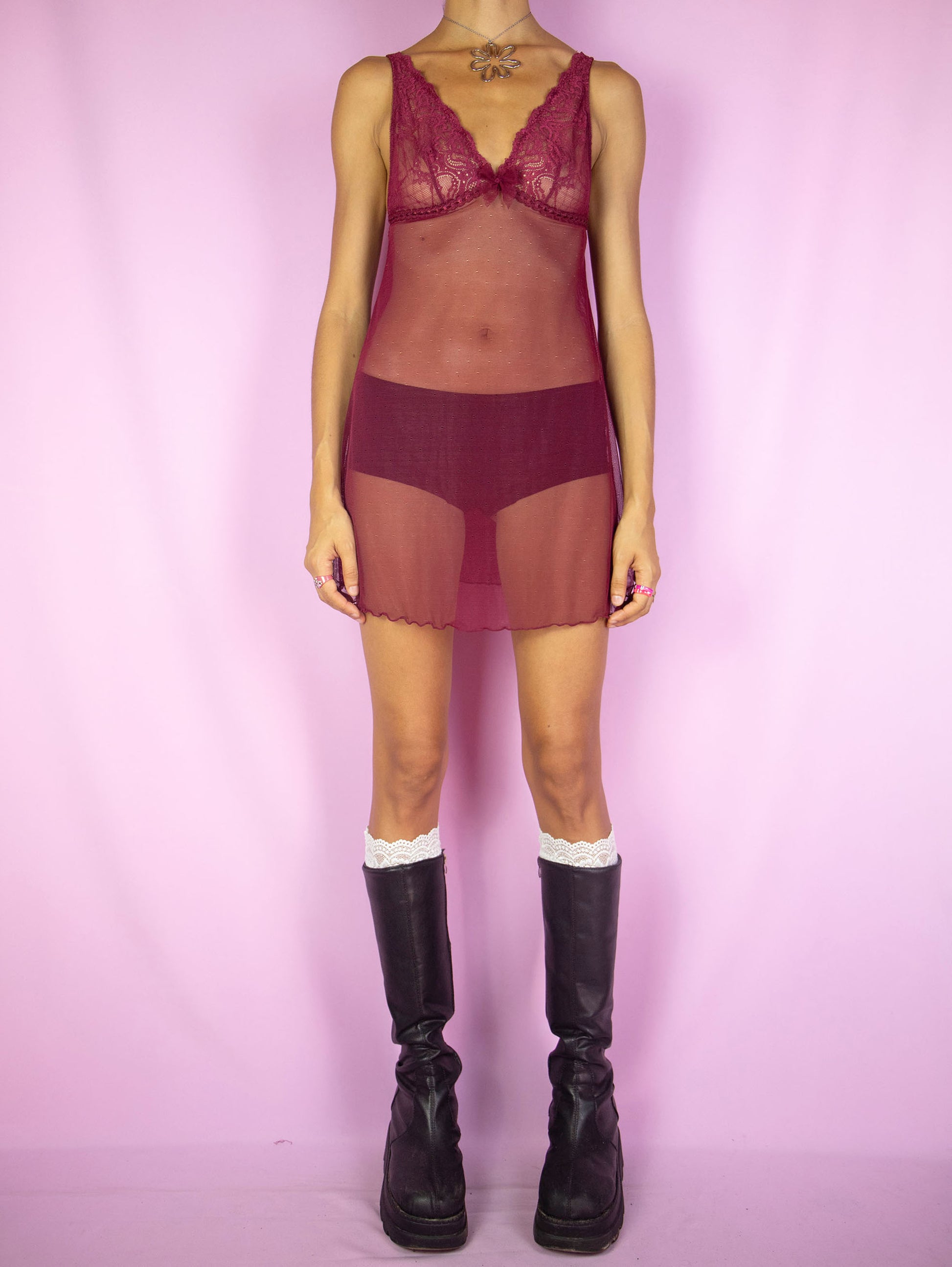 The Y2K Maroon Mesh Slip Dress is a vintage burgundy red mini cami dress made of semi-sheer mesh and lace with adjustable straps. Romantic sexy coquette 2000s lingerie night dress.