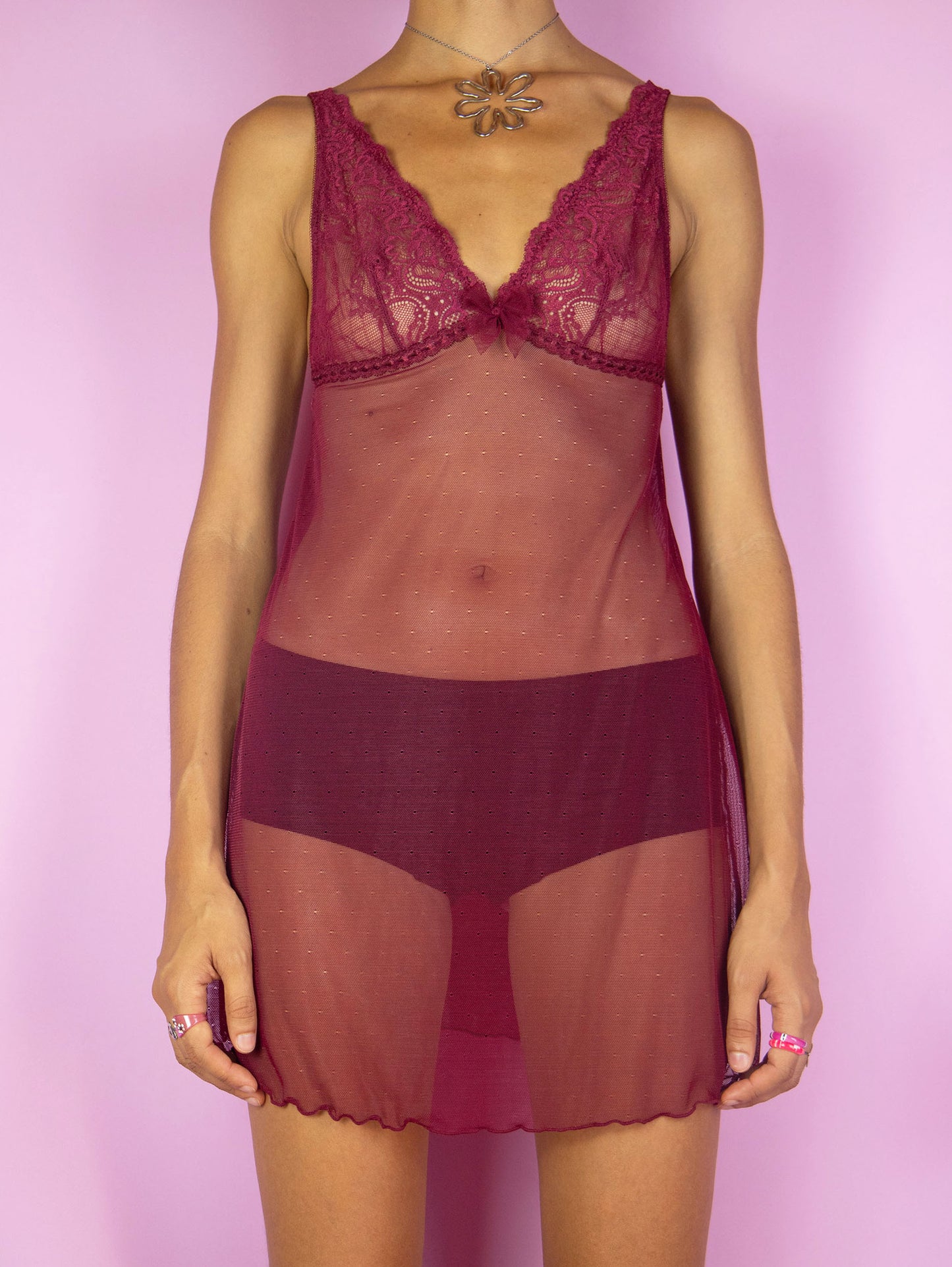 The Y2K Maroon Mesh Slip Dress is a vintage burgundy red mini cami dress made of semi-sheer mesh and lace with adjustable straps. Romantic sexy coquette 2000s lingerie night dress.