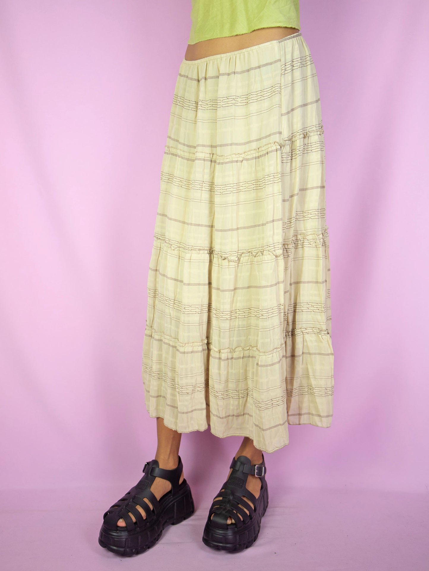 Vintage 90s Beige Tiered Midi Skirt - XL
