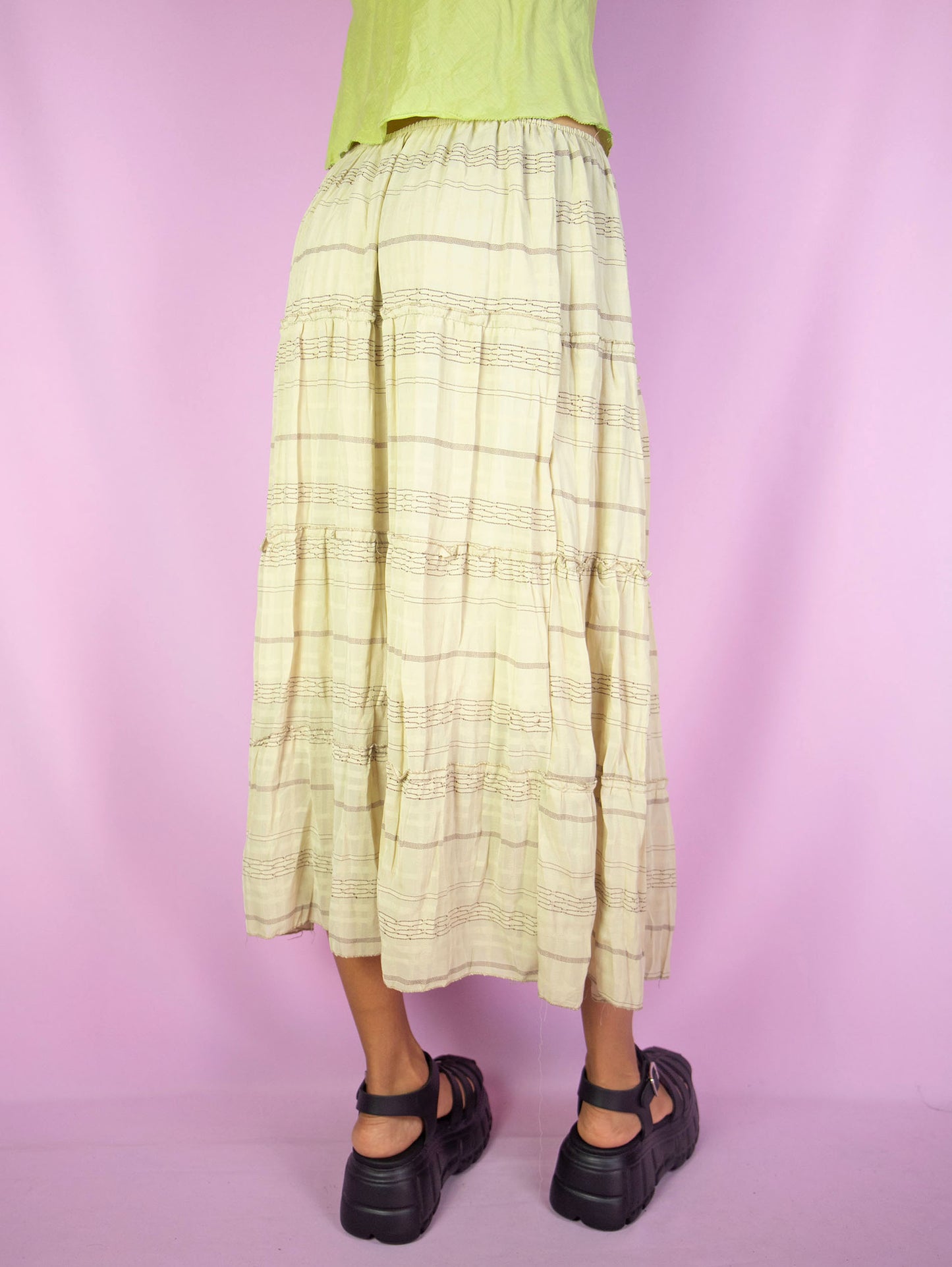 Vintage 90s Beige Tiered Midi Skirt - XL