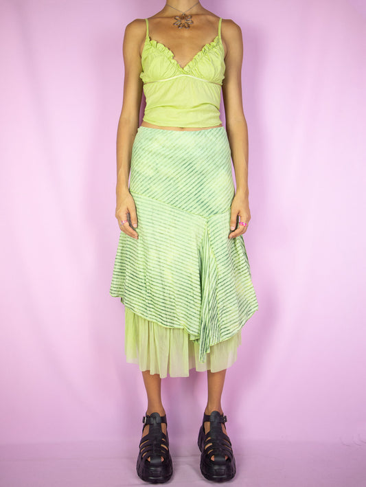 The Y2K Green Asymmetric Midi Skirt is a vintage green striped skirt with pointed asymmetric layers, semi-sheer mesh hem and elastic waist. Cyber fairy grunge 2000s boho pixie midi skirt.