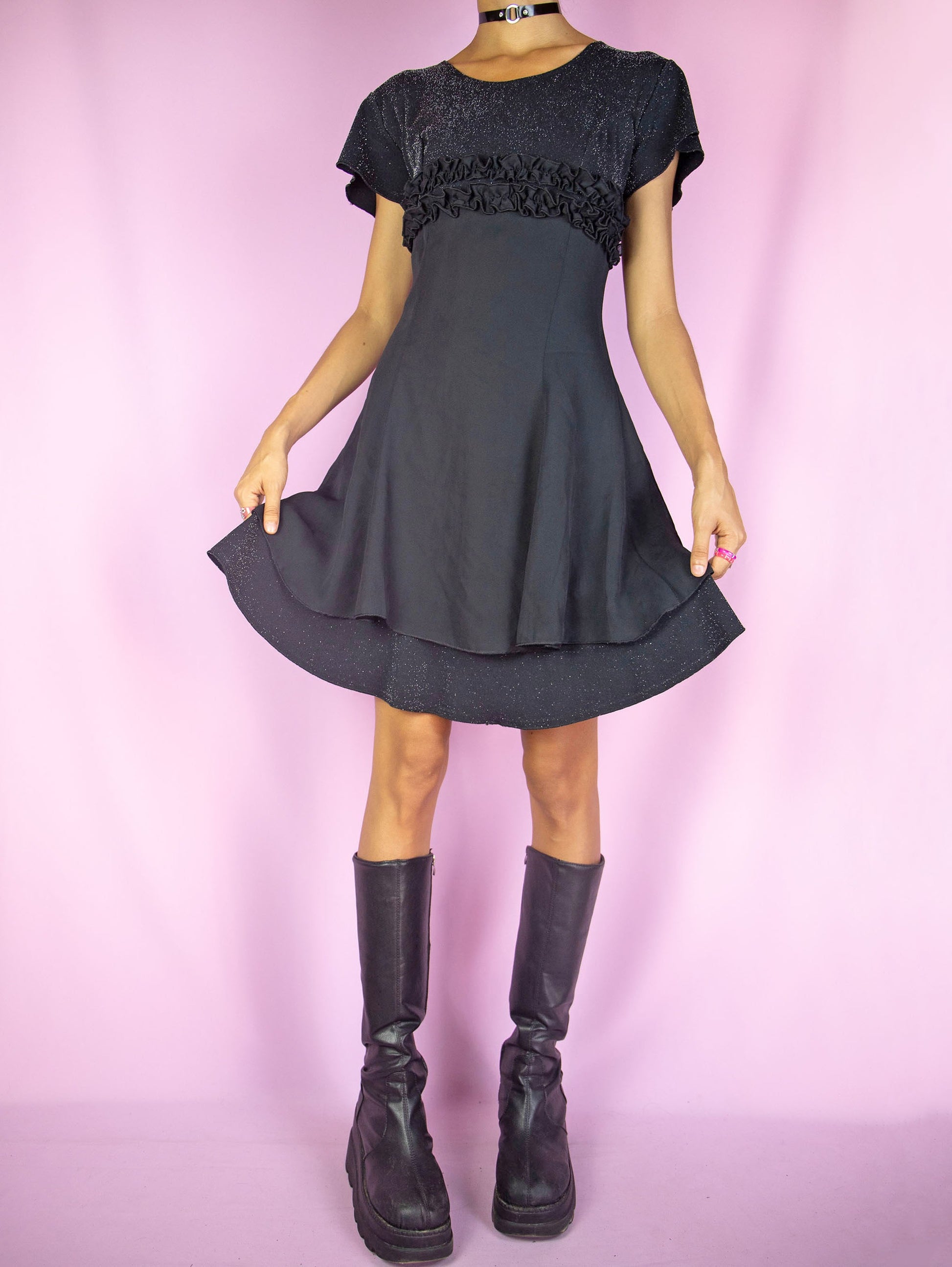 The Vintage 90s Sparkle Party Mini Dress is a black and dark gray silver sparkly short sleeve flared dress with ruched ruffle detail, double layer hem and back zipper closure. Fairy grunge whimsygoth 1990s night dress.