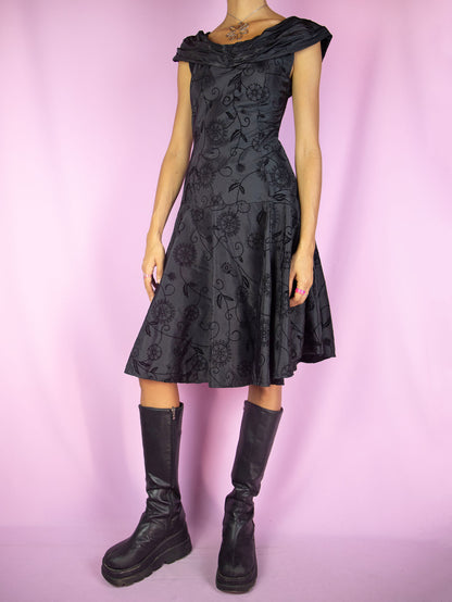 Vintage 90's Black Flare Midi Dress - M