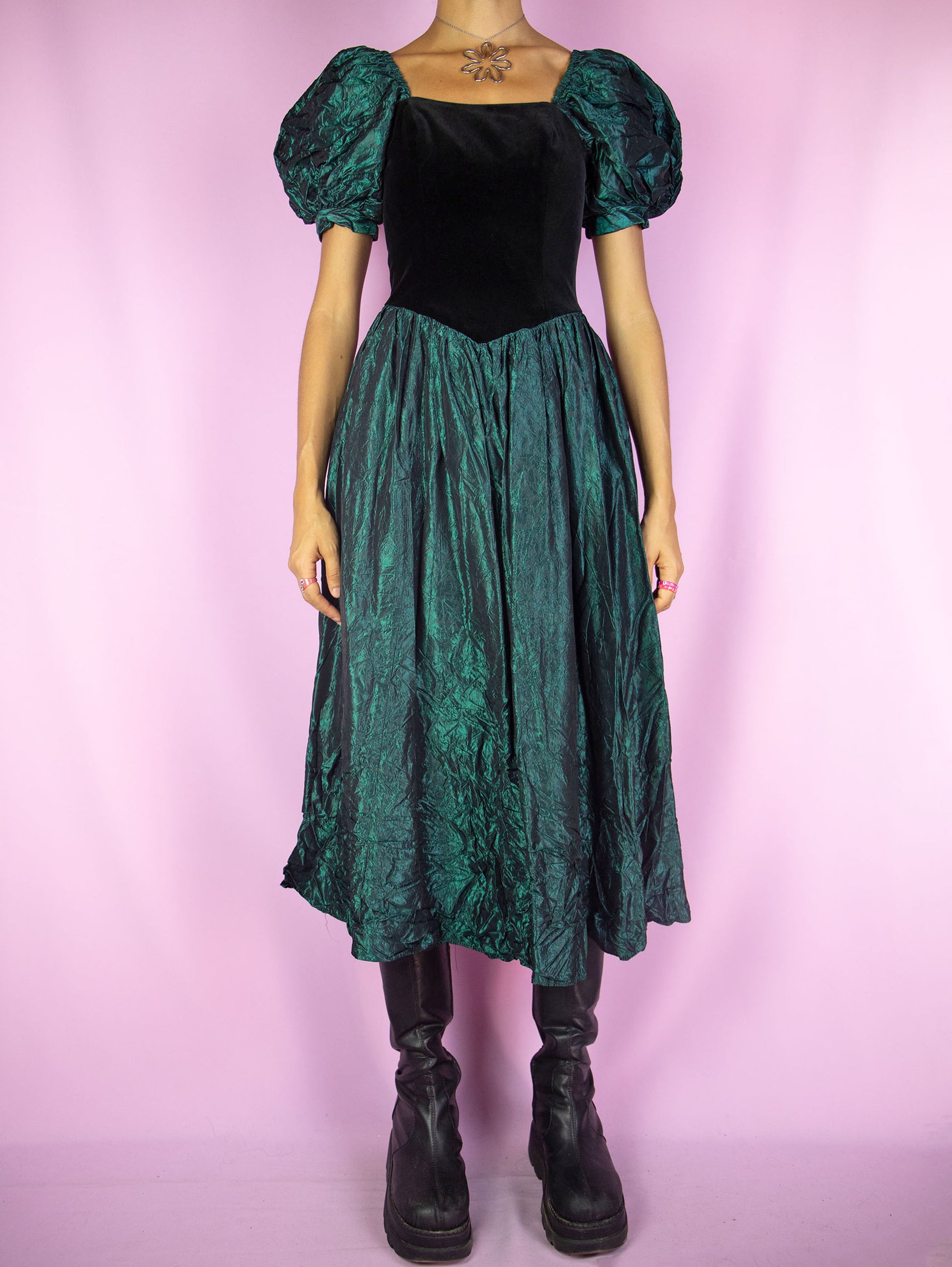 The Vintage 90s Puff Sleeve Midi Dress is an iridescent green flared dress with puff sleeves, black velvet front and back zipper closure. Cottage regency inspired 1990s dark romantic whimsygoth maxi dress.