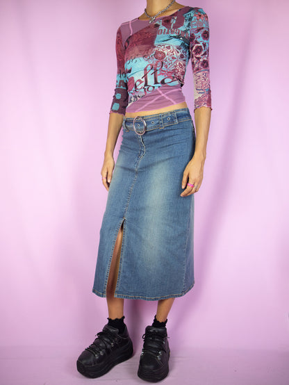 The Vintage Y2K Slit Denim Midi Skirt is a stretch denim skirt with a front slit, belt buckle and zipper closure. Gorgeous cyber grunge maxi skirt circa 2000's.