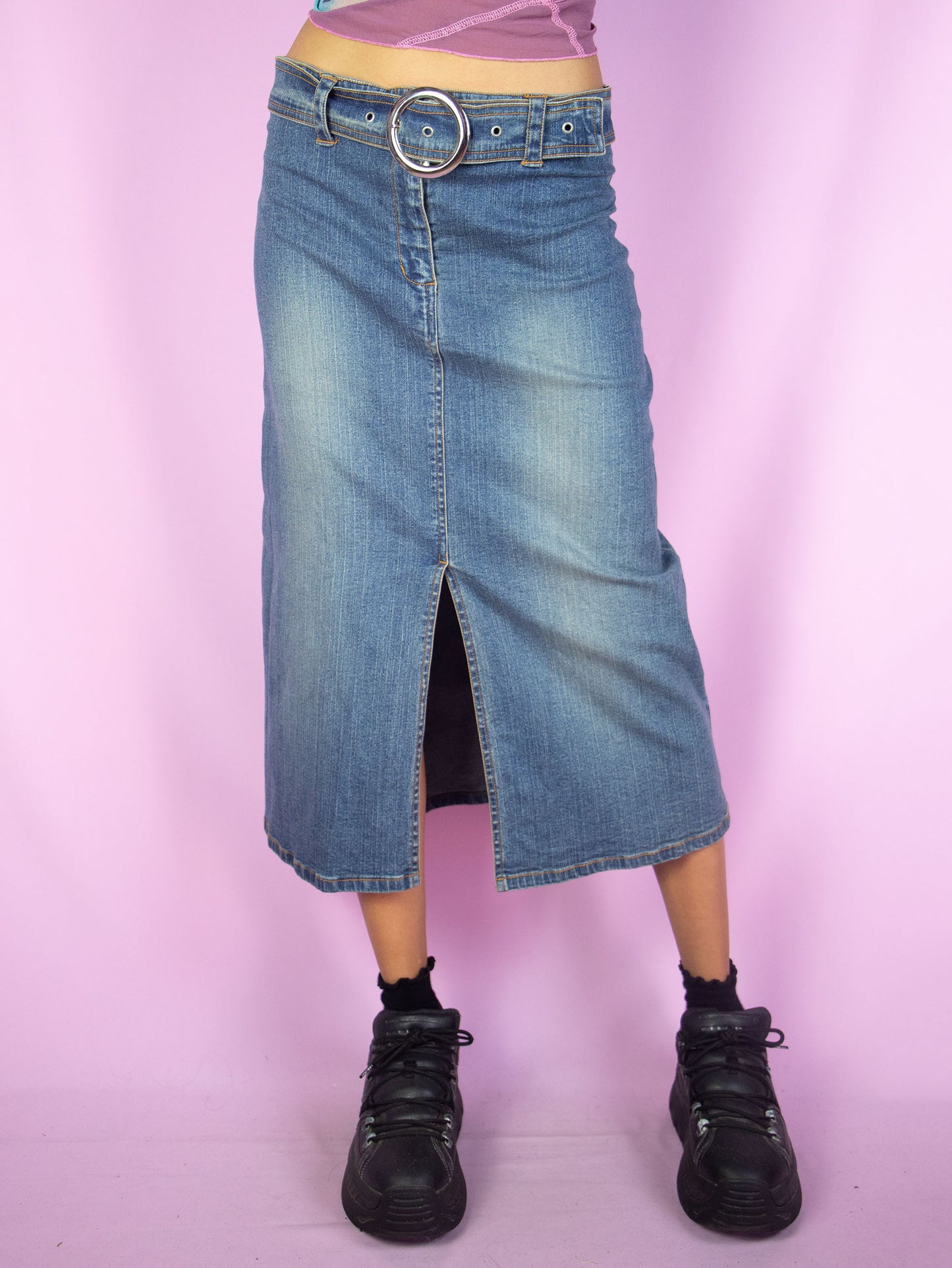 Vintage Y2K Slit Denim Midi Skirt - S