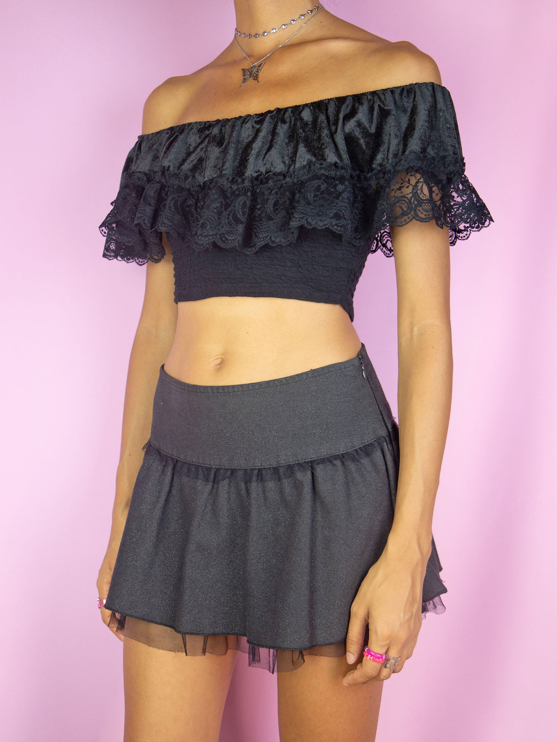 The Vintage 90's Black Off Shoulder Crop Top is a black off shoulder tank top with velvet and lace ruched ruffle detail. Lovely fairy grunge whimsygoth summer party night blouse circa 1990's.