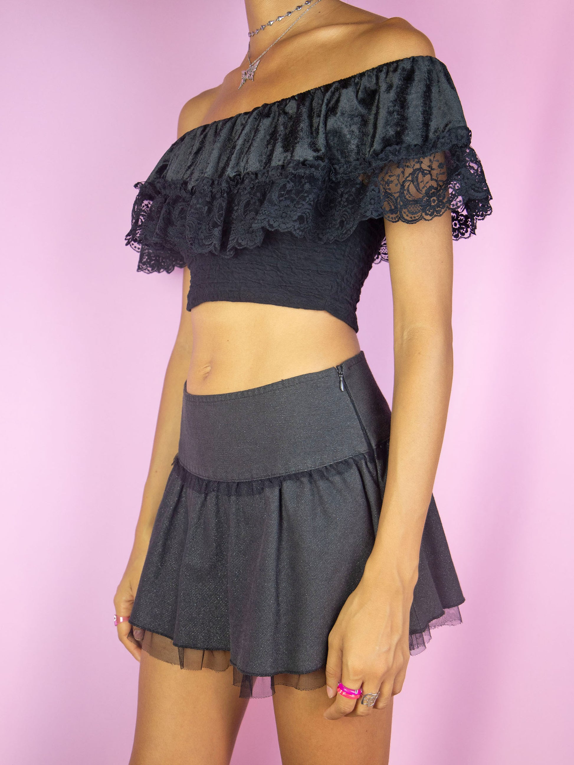 The Vintage 90s Black Off Shoulder Crop Top is a black off shoulder top with velvet and lace ruched ruffle detail. Fairy grunge whimsygoth 1990s summer party shirt.